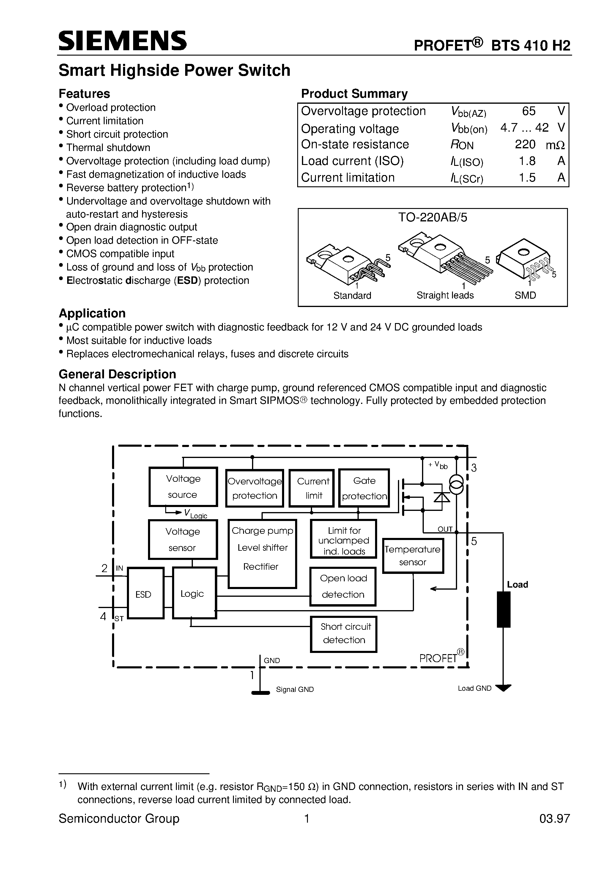 Даташит на микросхему BTS410H2 страница 1 Даташит BTS410H2 - Smart Highside Power Switch (Overload protection Current limitation Short circuit protection Thermal shutdown) страница 1