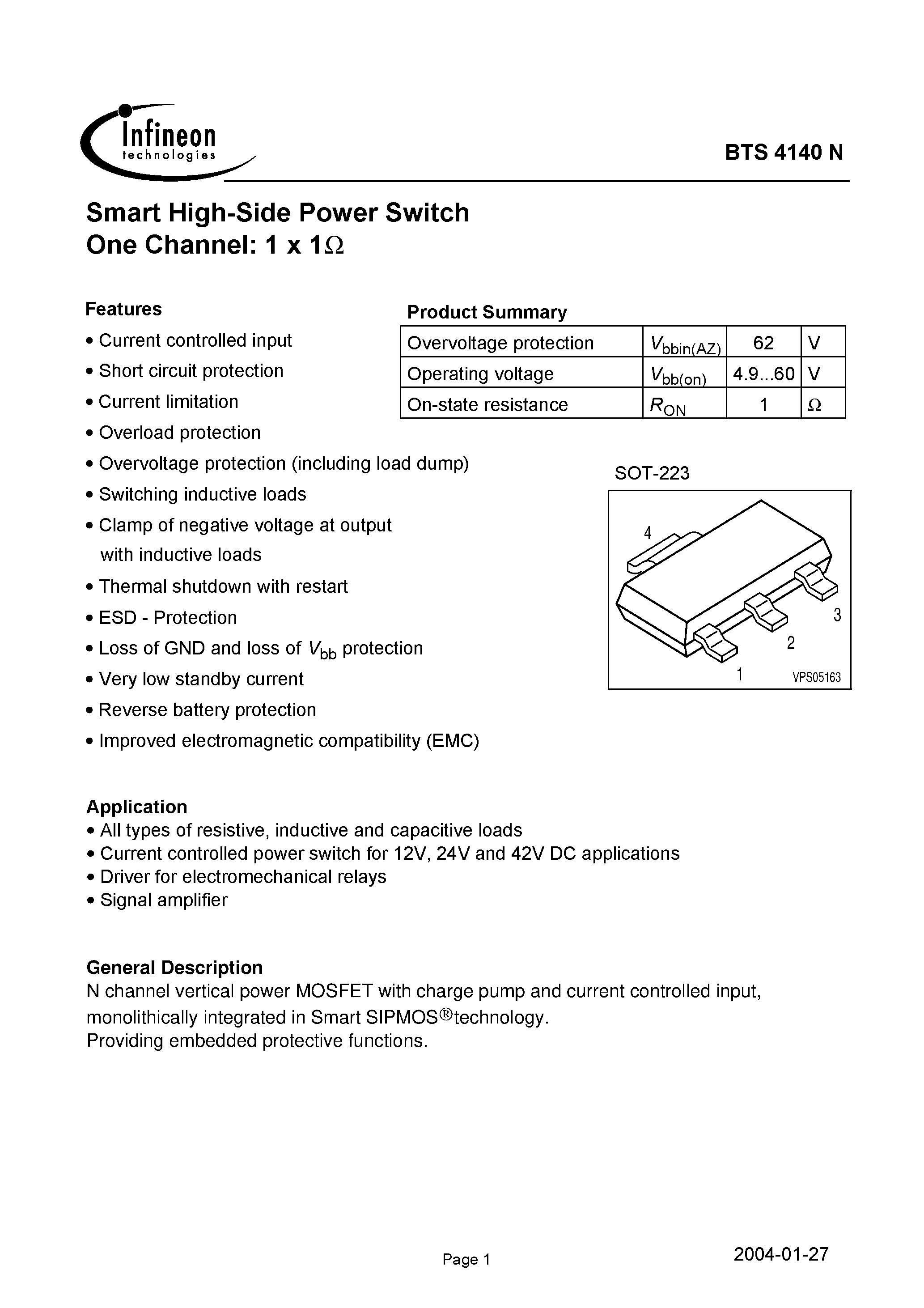 Datasheet BTS4140N - Smart High-Side Power Switch One Channel: 1 x 1 page 1