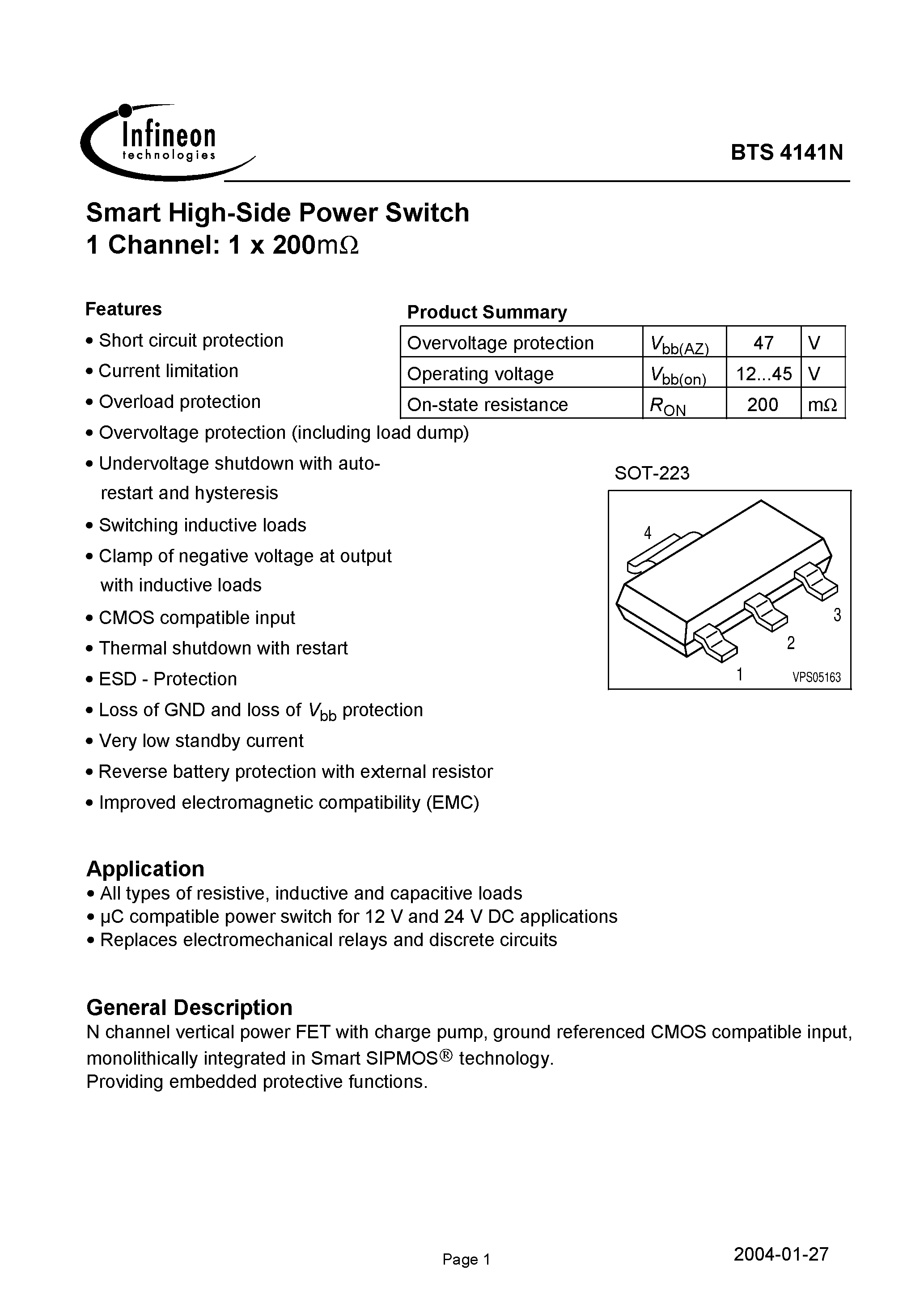 Datasheet BTS4141N - Smart High-Side Power Switch 1 Channel: 1 x 200m page 1