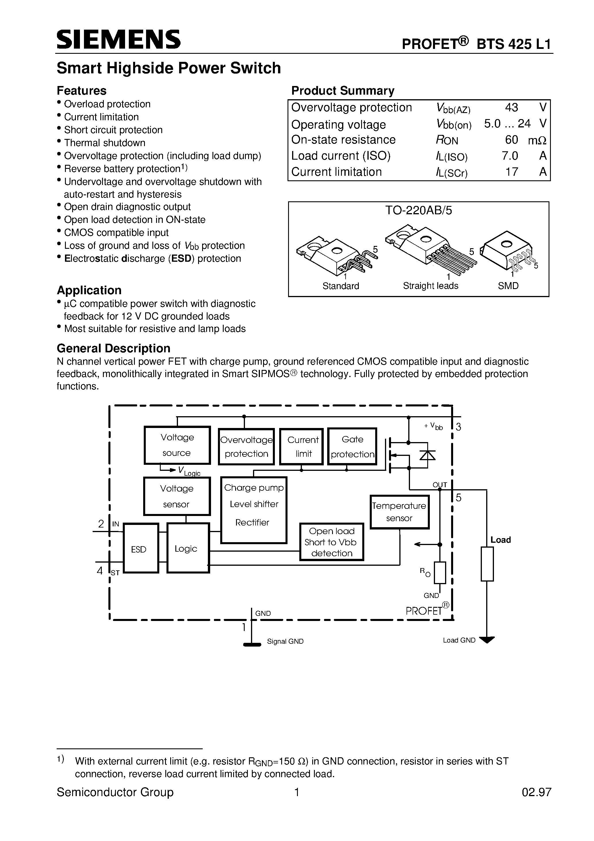 Даташит на микросхему BTS425L1 страница 1 Даташит BTS425L1 - Smart Highside Power Switch (Overload protection Current limitation Short circuit protection Thermal shutdown) страница 1