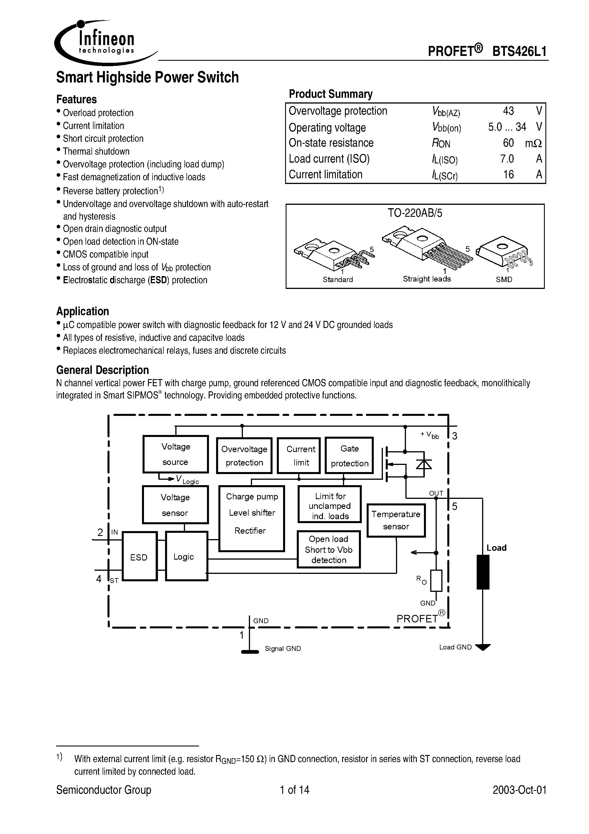 Даташит BTS426L1E3062A - Smart Highside Power Switch страница 1