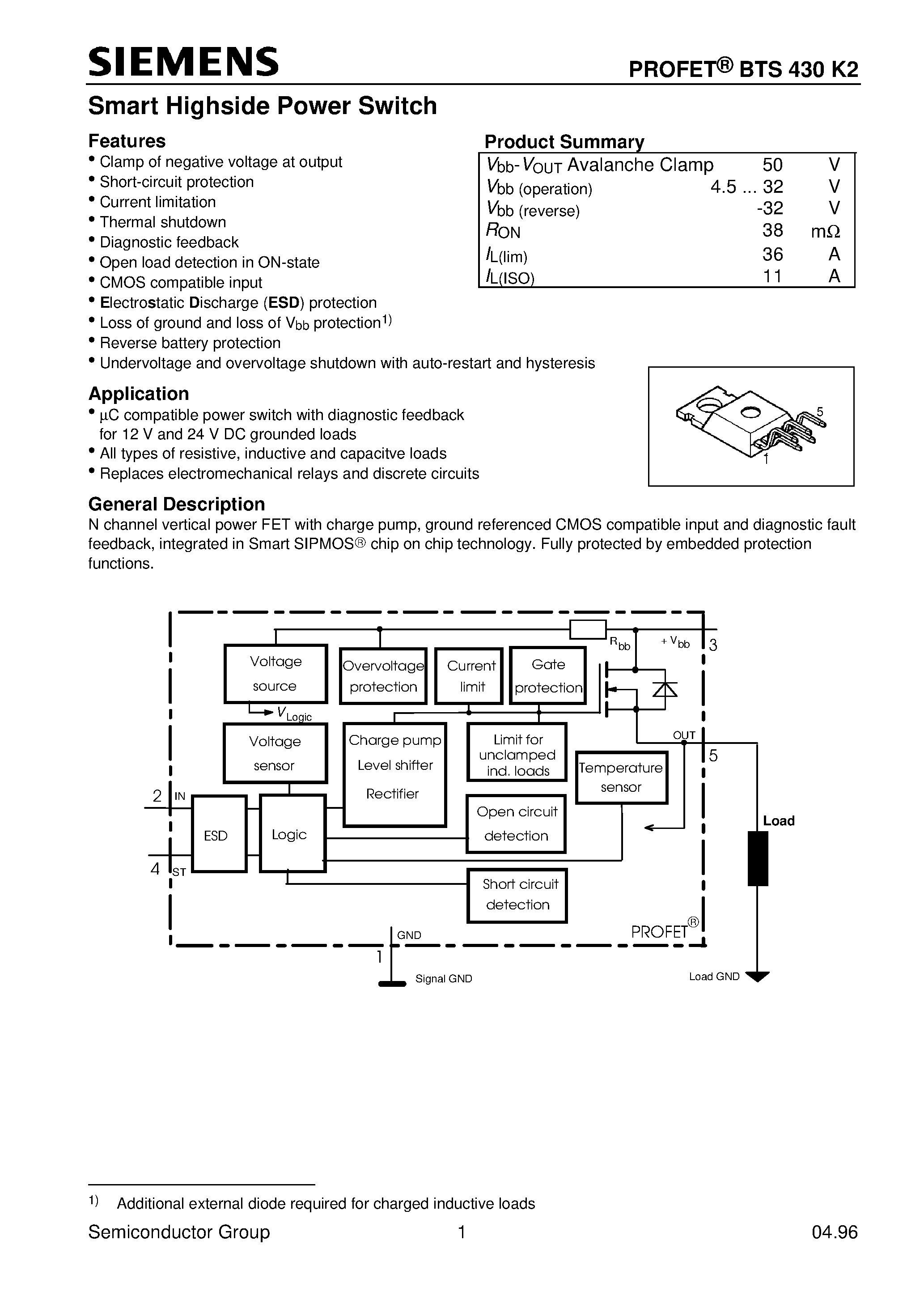 Даташит BTS430K2 - Smart Highside Power Switch (Clamp of negative voltage at output Short-circuit protection Current limitation) страница 1