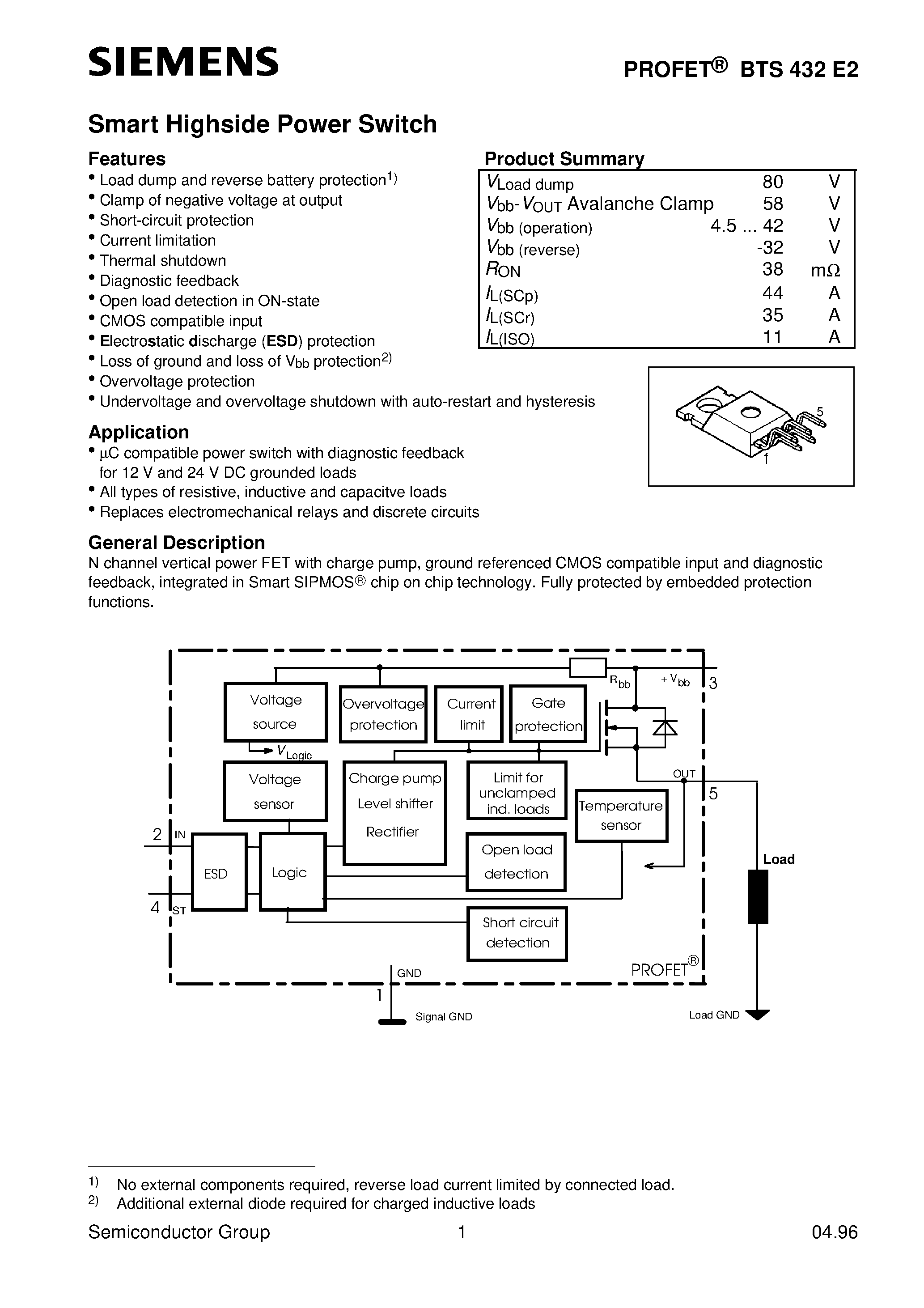 Даташит на микросхему BTS432E2 страница 1 Даташит BTS432E2 - Smart Highside Power Switch (Clamp of negative voltage at output Short-circuit protection Current limitation Thermal shutdown) страница 1