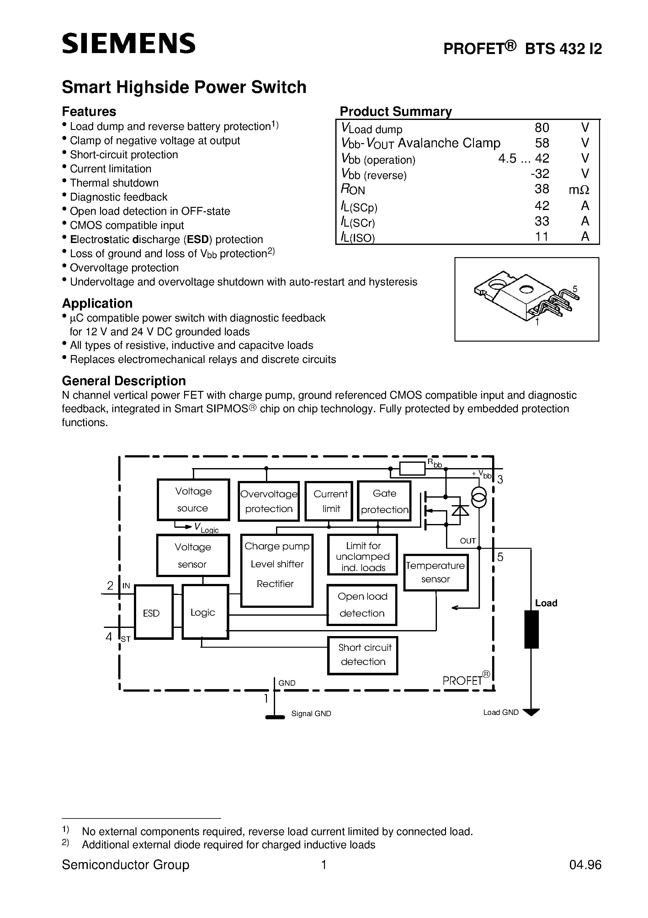 Даташит на микросхему BTS432I2 страница 1 Даташит BTS432I2 - Smart Highside Power Switch (Clamp of negative voltage at output Short-circuit protection Current limitation Thermal shutdown) страница 1