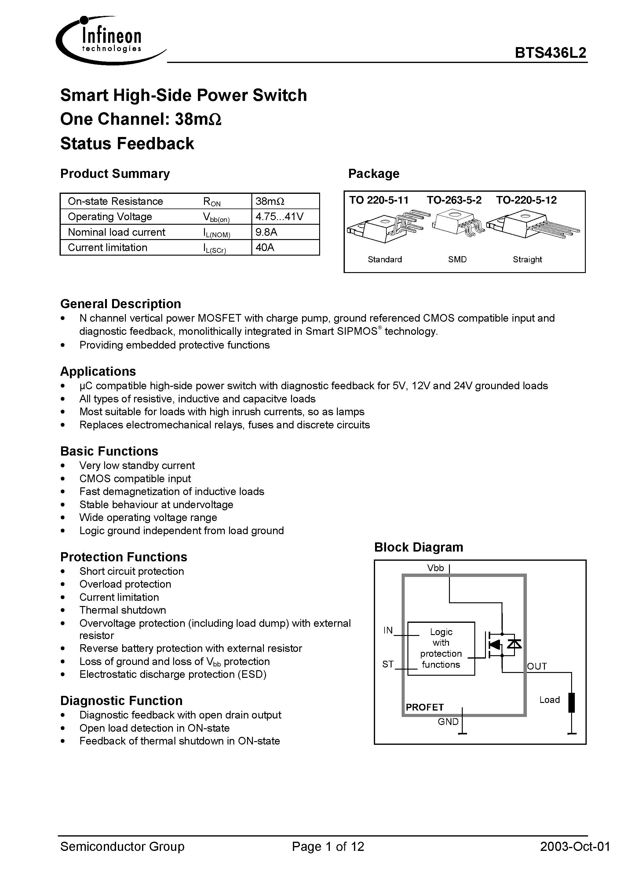 Datasheet BTS436L2 - Smart High-Side Power Switch One Channel: 38m Status Feedback page 1