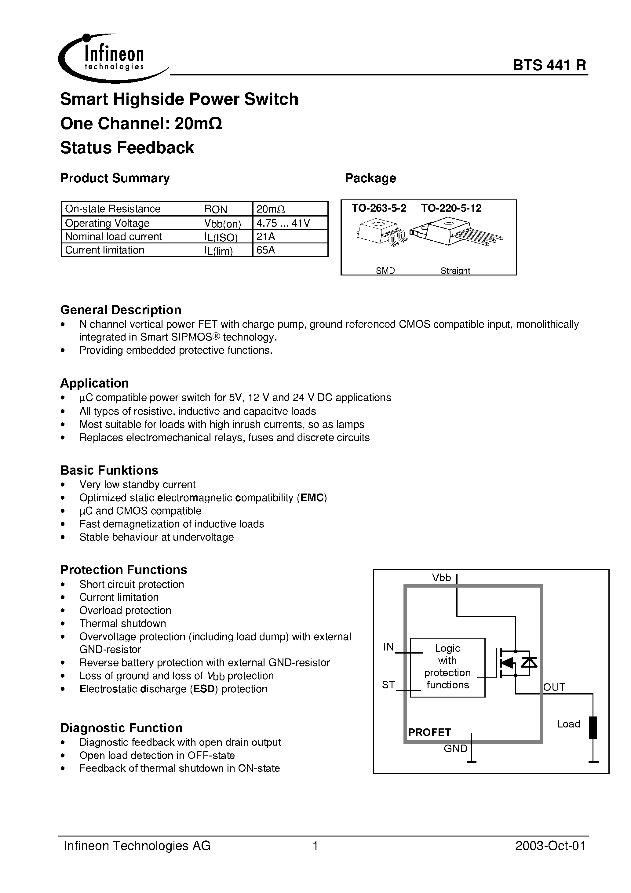 Datasheet BTS441RG - Smart Highside Power Switch One Channel: 20m Status Feedback page 1
