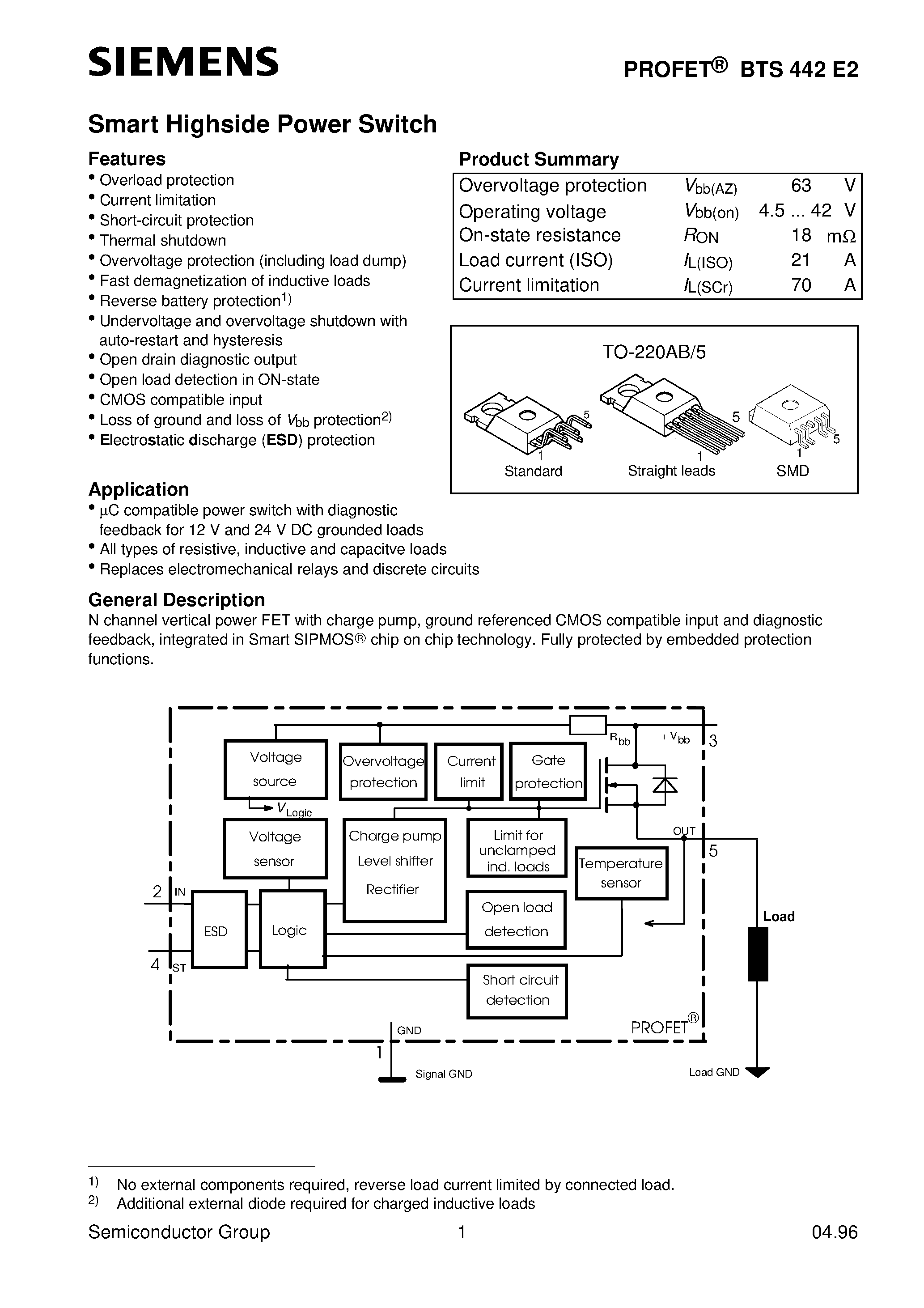 Даташит на микросхему BTS442E2 страница 1 Даташит BTS442E2 - Smart Highside Power Switch (Overload protection Current limitation Short-circuit protection Thermal shutdown) страница 1