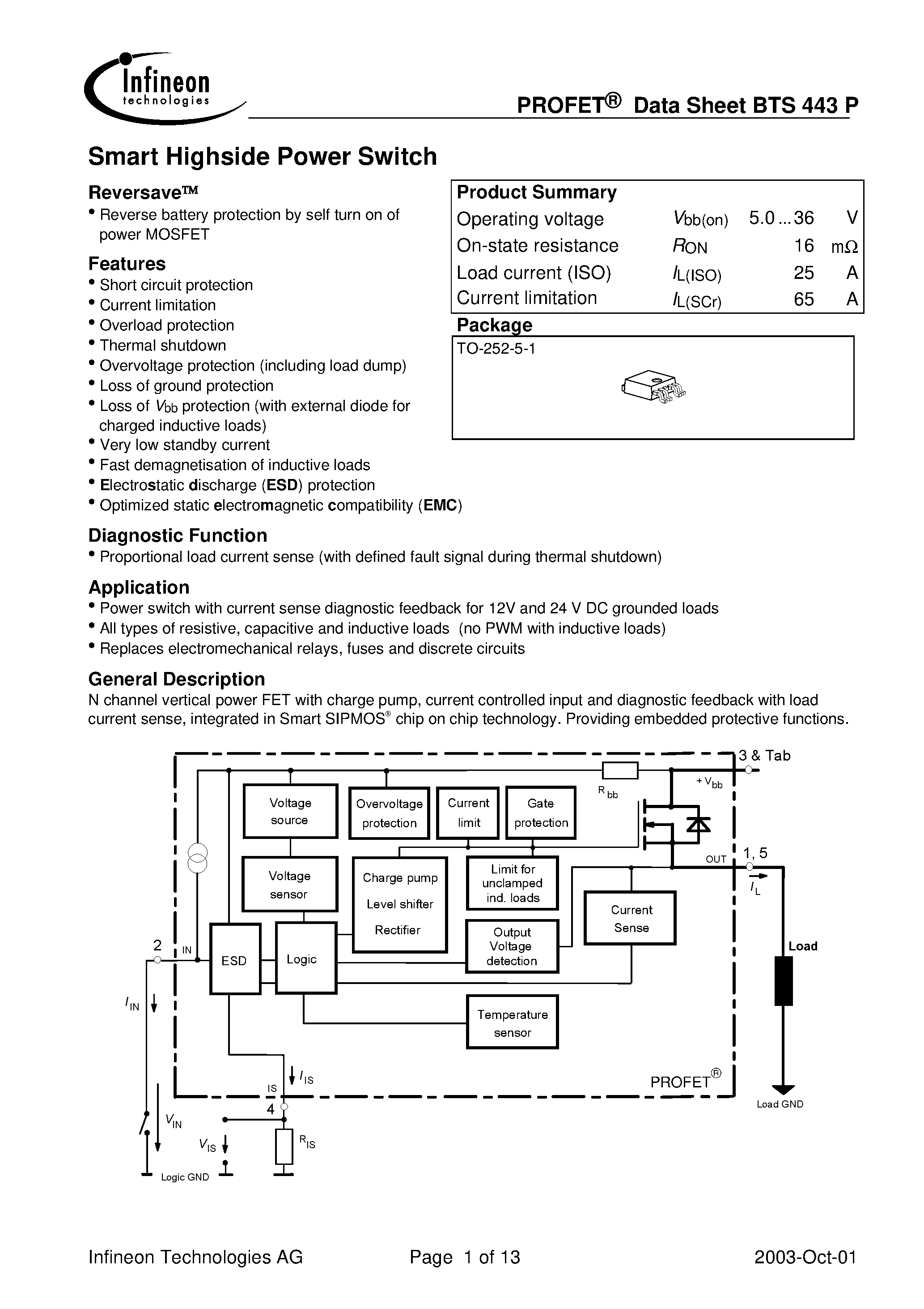 Даташит на микросхему BTS443P страница 1 Даташит BTS443P - Smart Highside Power Switch страница 1