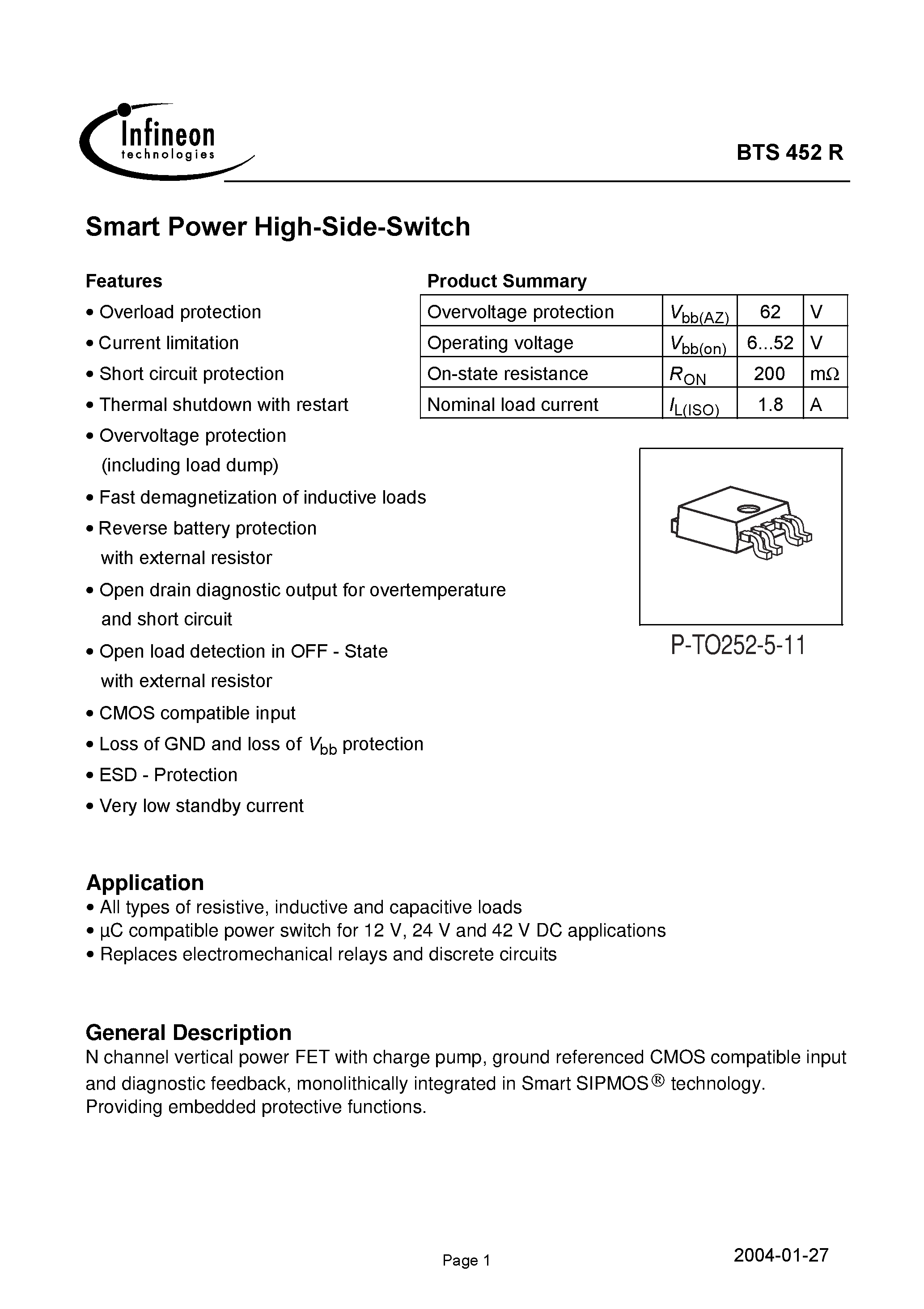 Даташит на микросхему BTS452R страница 1 Даташит BTS452R - Smart Power High-Side-Switch страница 1