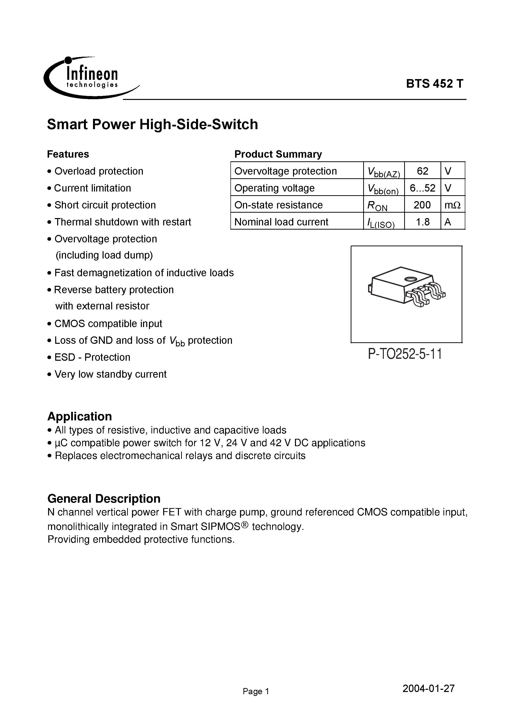 Даташит на микросхему BTS452T страница 1 Даташит BTS452T - Smart Power High-Side-Switch страница 1