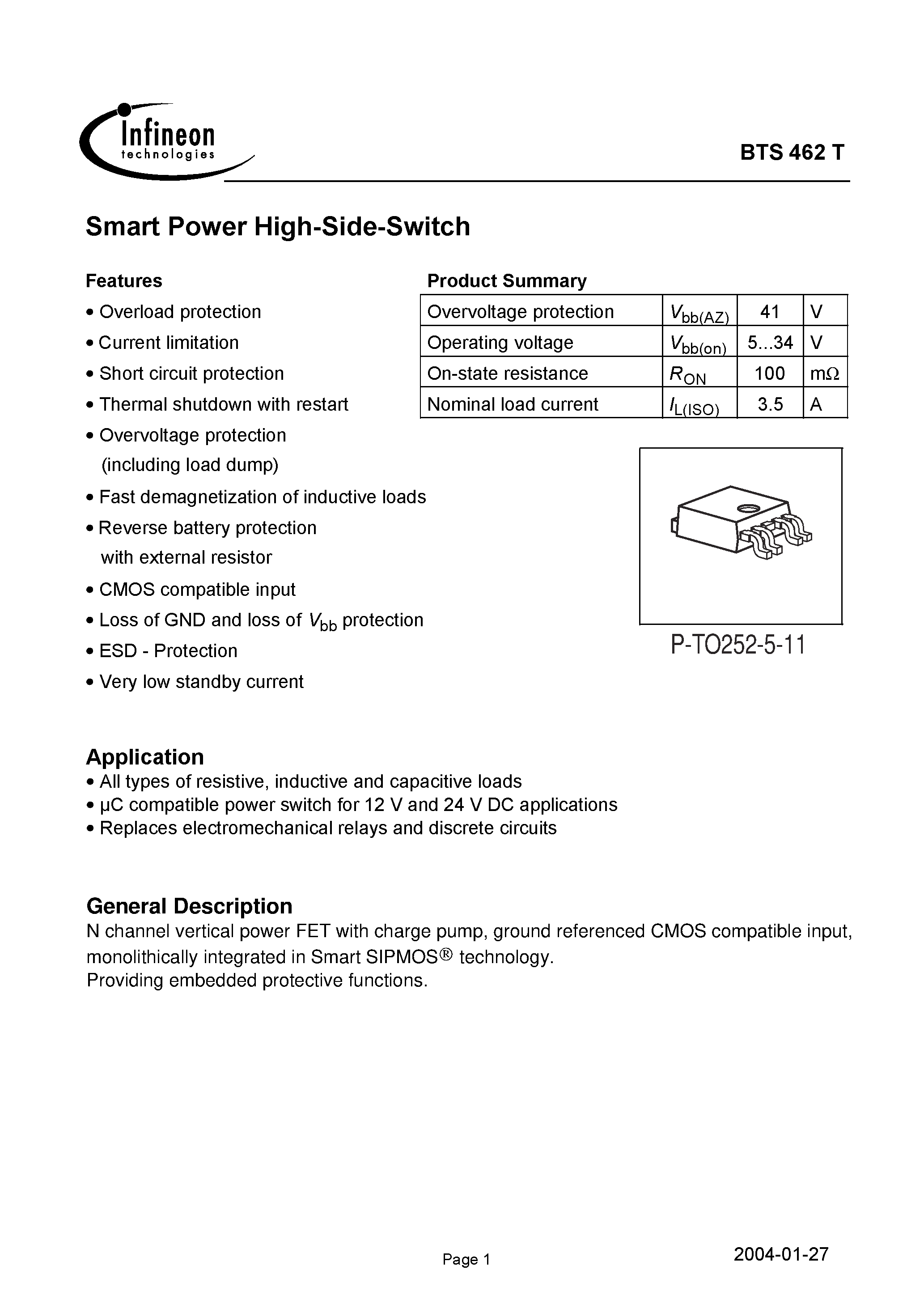 Даташит на микросхему BTS462T страница 1 Даташит BTS462T - Smart Power High-Side-Switch страница 1