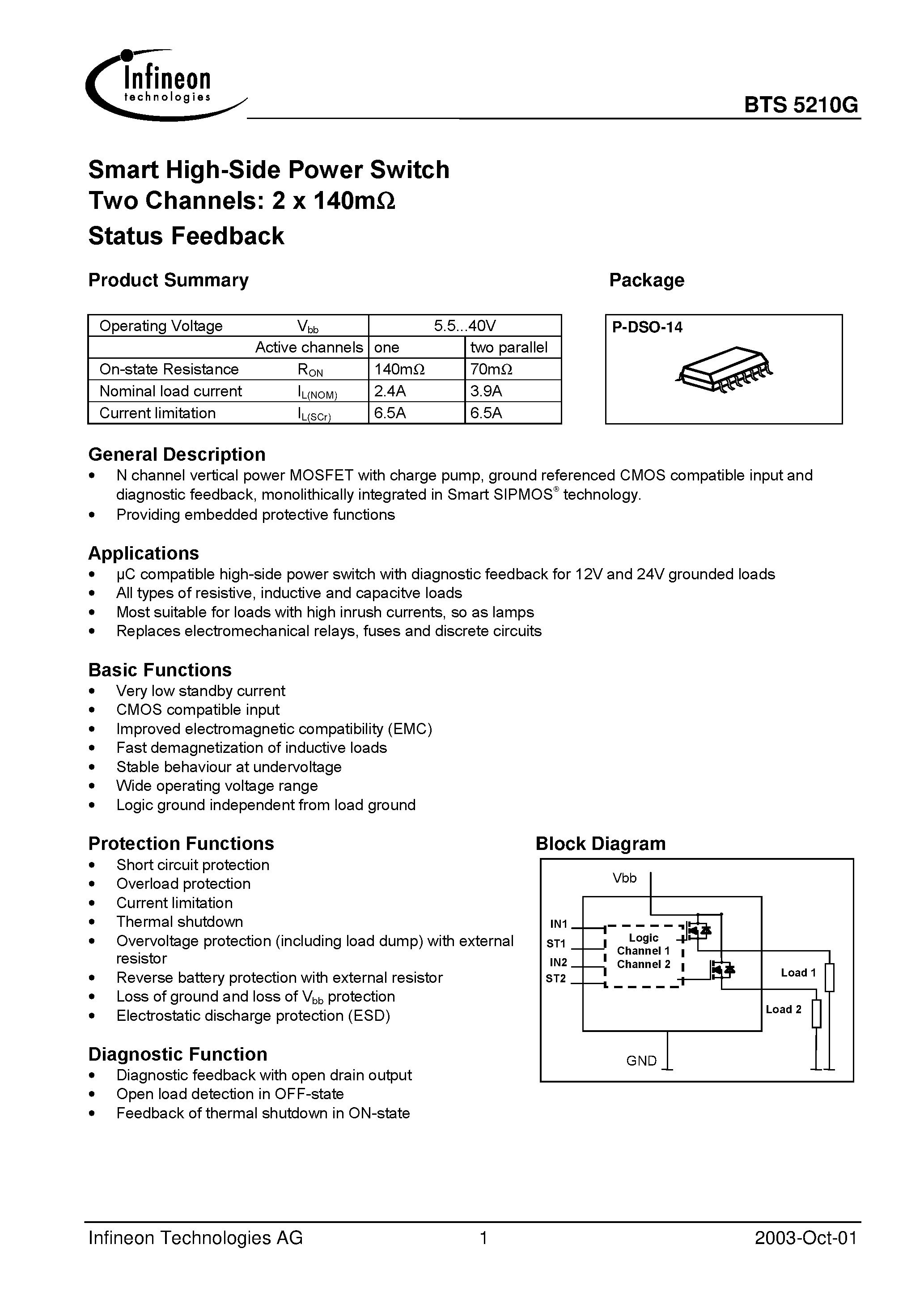 Datasheet BTS5210G - Smart High-Side Power Switch Two Channels: 2 x 140m Status Feedback page 1