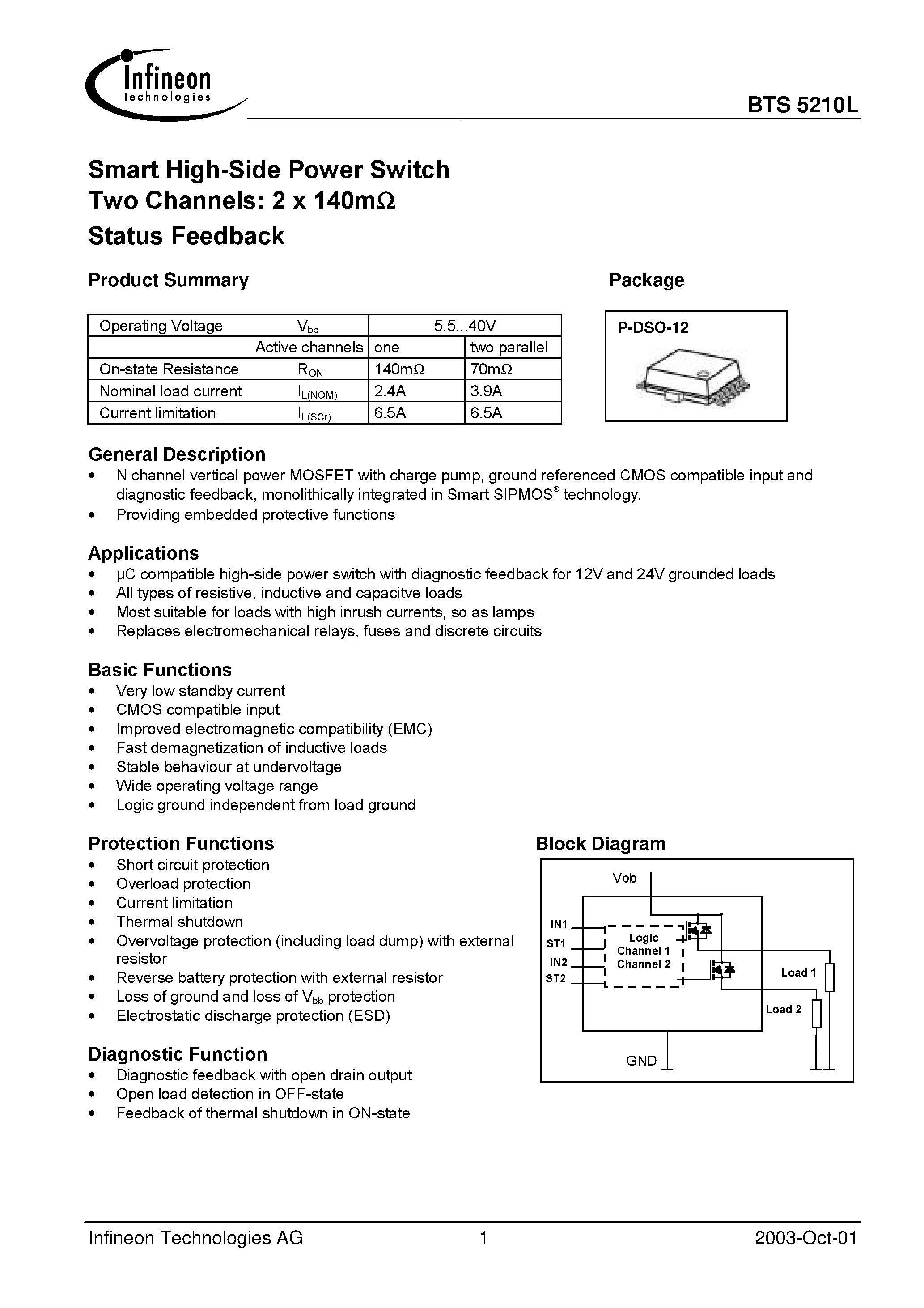 Datasheet BTS5210L - Smart High-Side Power Switch Two Channels: 2 x 140m Status Feedback page 1