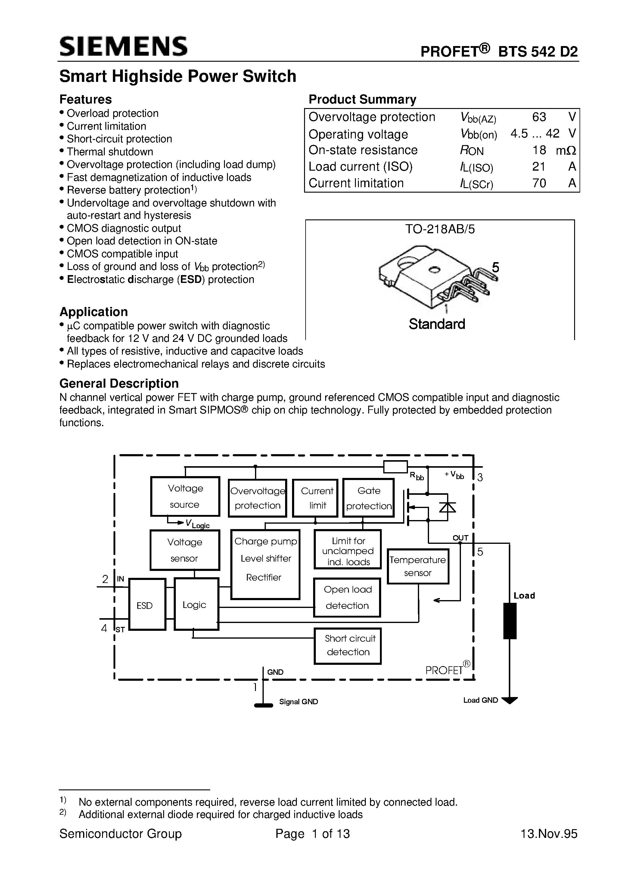 Даташит BTS542D2 - Smart Highside Power Switch (Overload protection Current limitation Short-circuit protection Thermal shutdown) страница 1