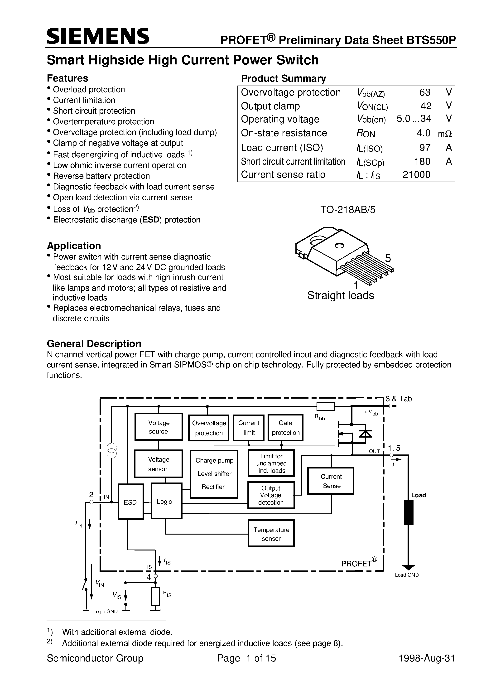 Даташит BTS550P - Smart Highside High Current Power Switch (Overload protection Current limitation Short circuit protection Overtemperature protection) страница 1