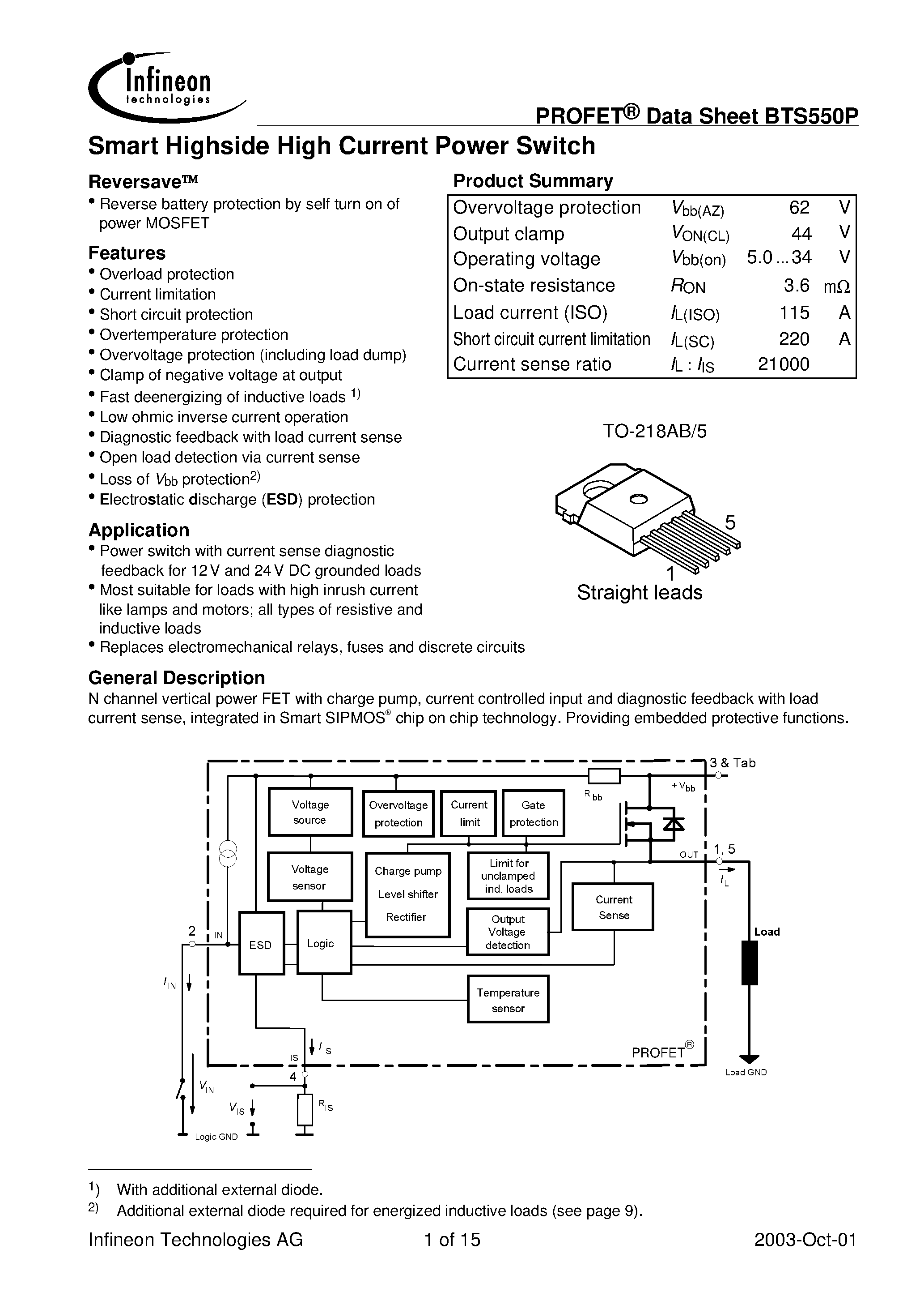Даташит BTS550P - Smart Highside High Current Power Switch страница 1