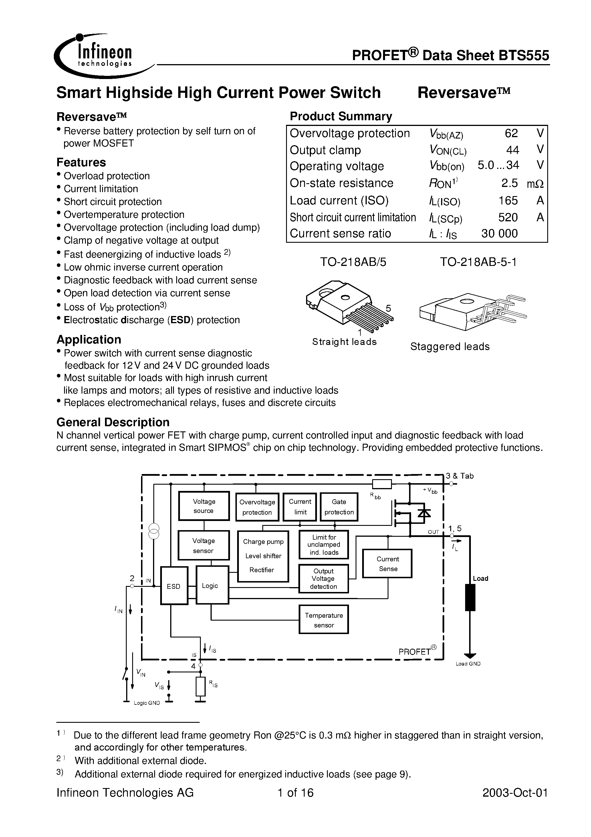 Даташит на микросхему BTS555E3146 страница 1 Даташит BTS555E3146 - Smart Highside High Current Power Switch страница 1
