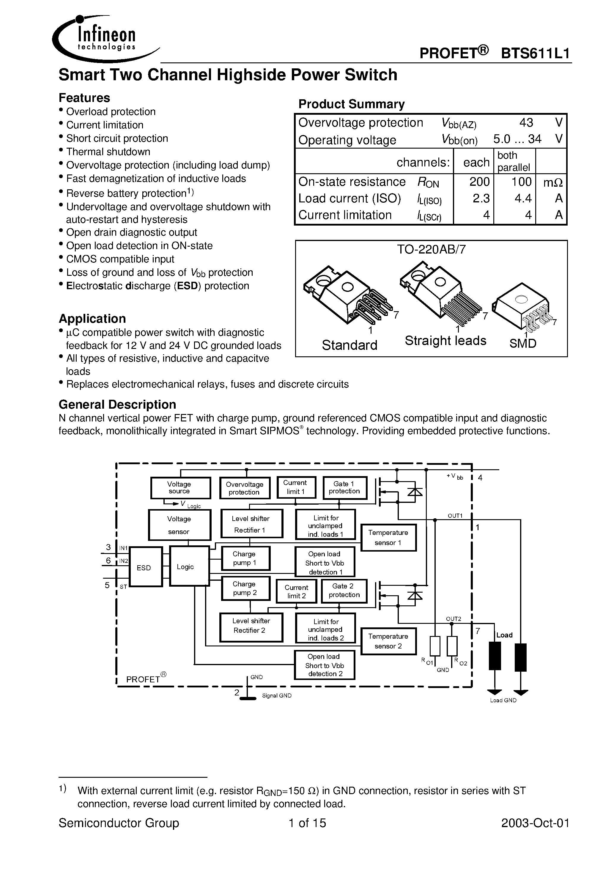 Даташит на микросхему BTS611L1 страница 1 Даташит BTS611L1 - Smart Two Channel Highside Power Switch страница 1