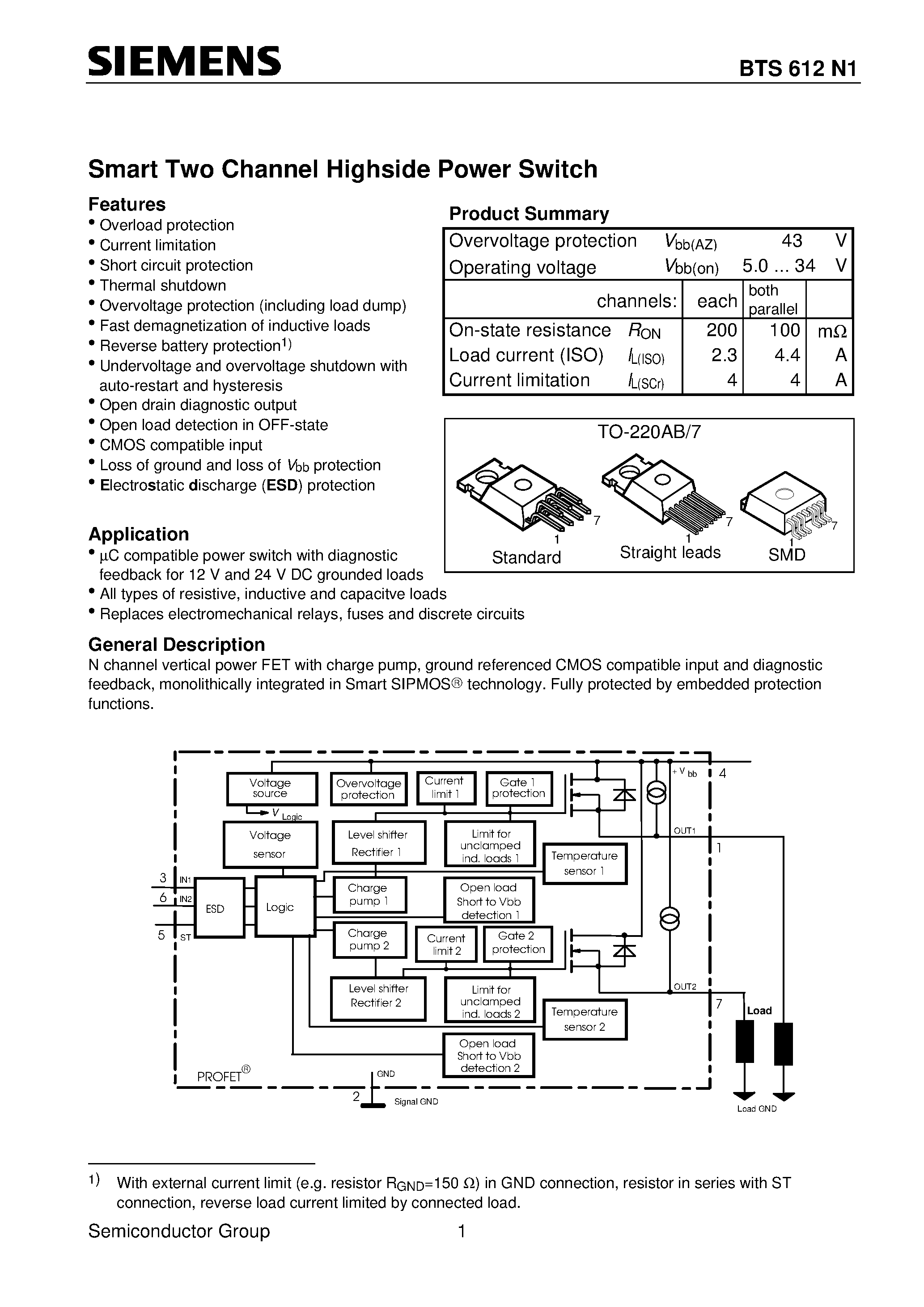 Даташит на микросхему BTS612N1 страница 1 Даташит BTS612N1 - Smart Two Channel Highside Power Switch (Overload protection Current limitation Short circuit protection Thermal shutdown) страница 1