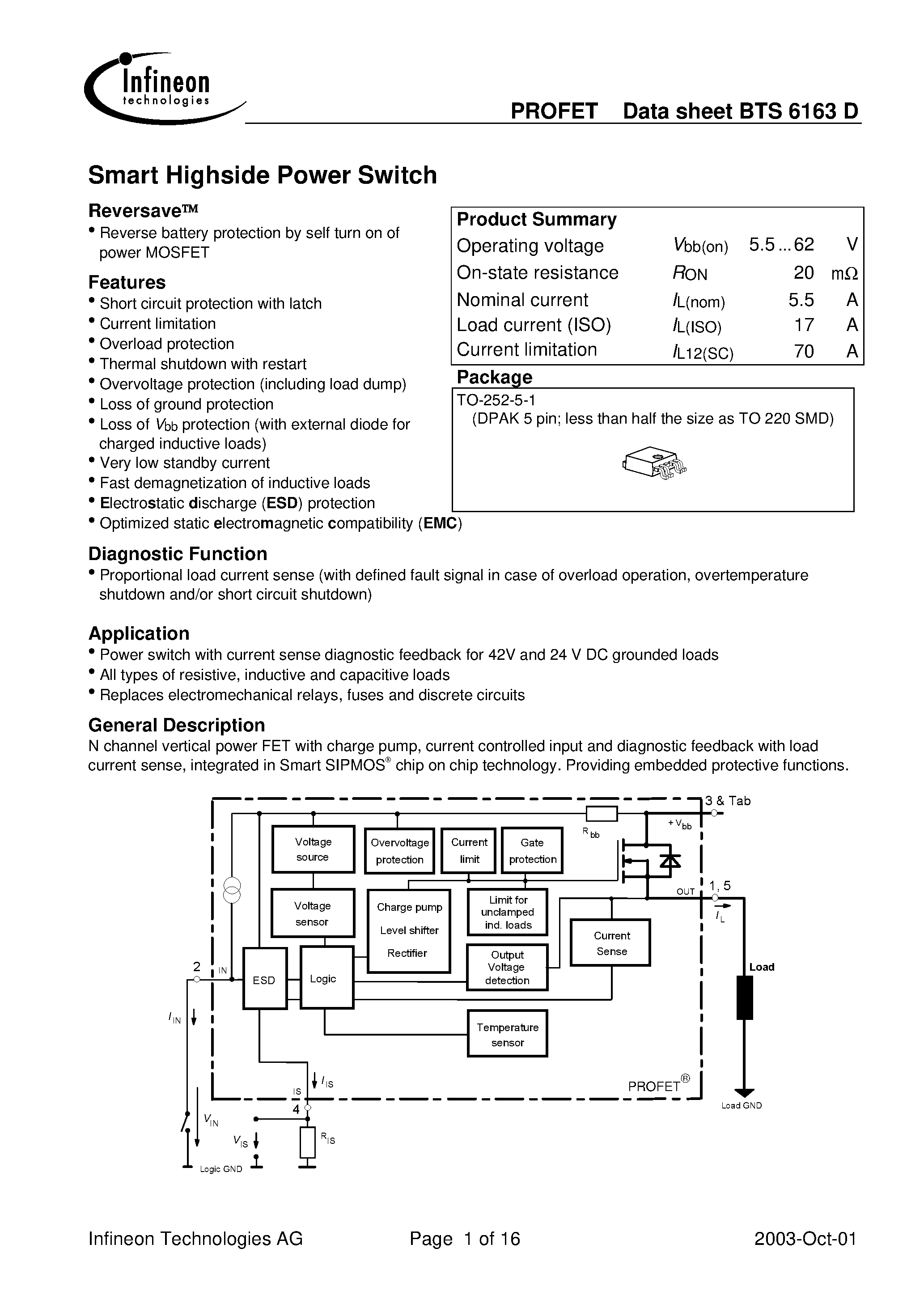Даташит на микросхему BTS6163D страница 1 Даташит BTS6163D - Smart Highside Power Switch страница 1