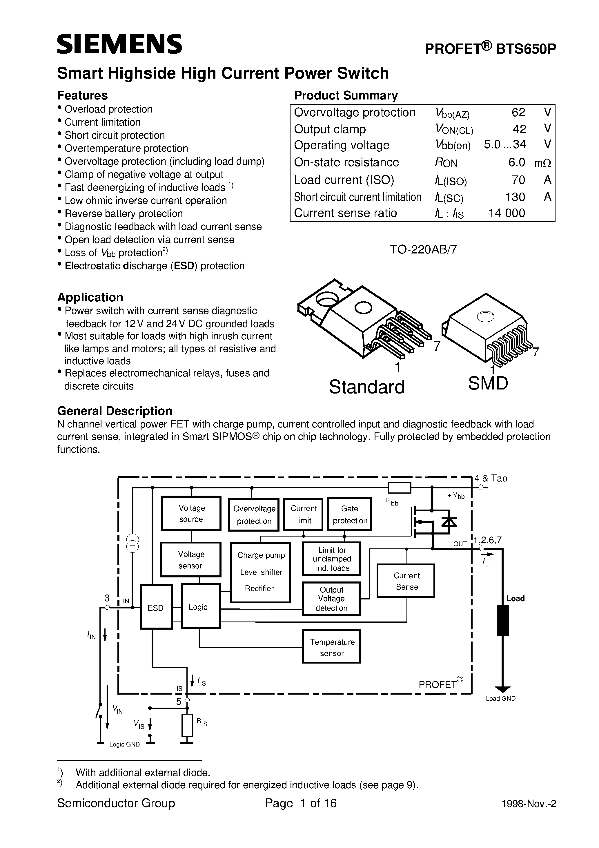 Даташит на микросхему BTS650P страница 1 Даташит BTS650P - Smart Highside High Current Power Switch (Overload protection Current limitation Short circuit protection Overtemperature protection) страница 1