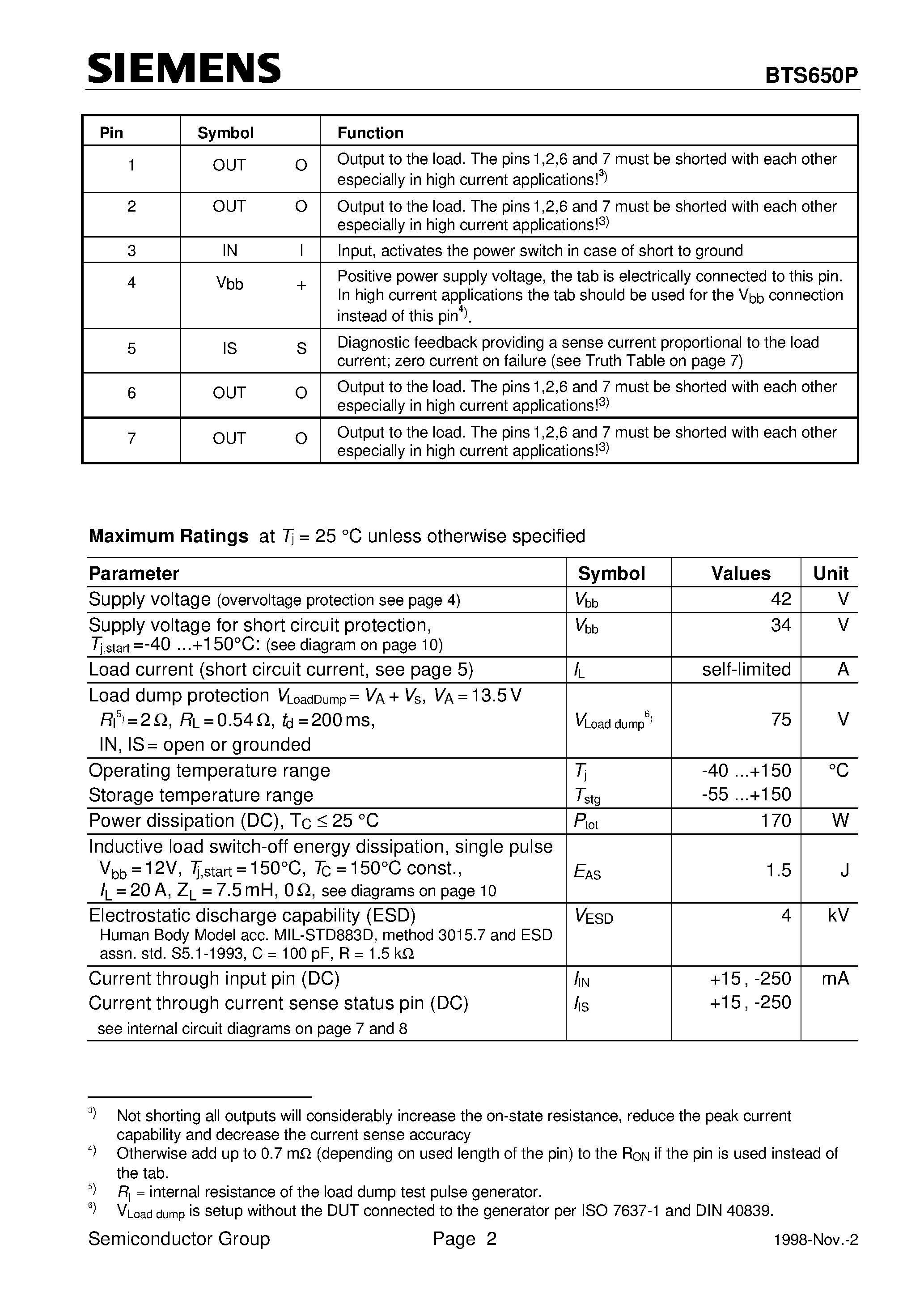 Даташит на микросхему BTS650P страница 2 Даташит BTS650P - Smart Highside High Current Power Switch (Overload protection Current limitation Short circuit protection Overtemperature protection) страница 2