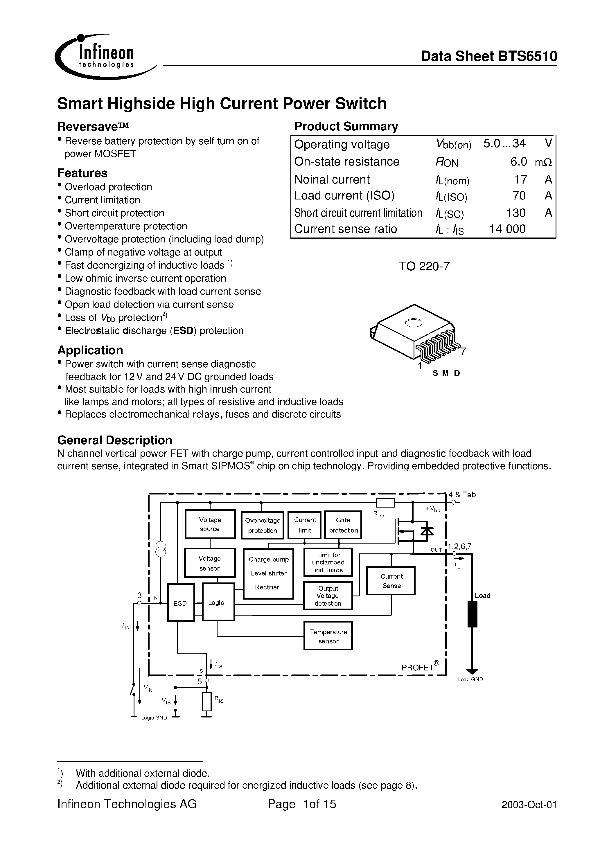 Даташит на микросхему BTS6510 страница 1 Даташит BTS6510 - Smart Highside High Current Power Switch страница 1