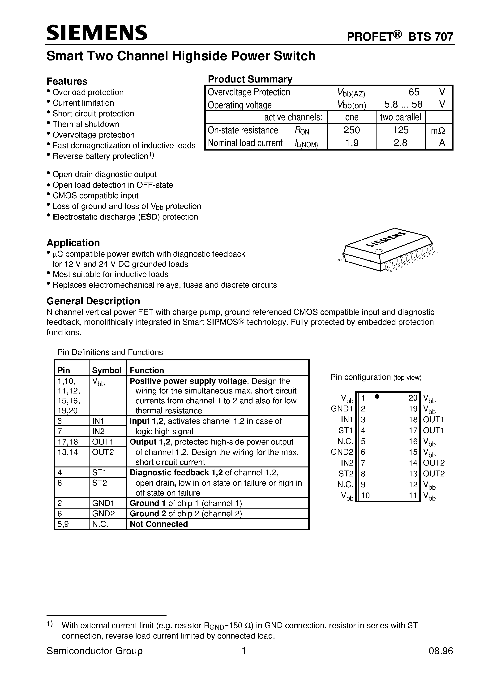 Даташит на микросхему BTS707 страница 1 Даташит BTS707 - Smart Two Channel Highside Power Switch (Overload protection Current limitation Short-circuit protection Thermal shutdown) страница 1