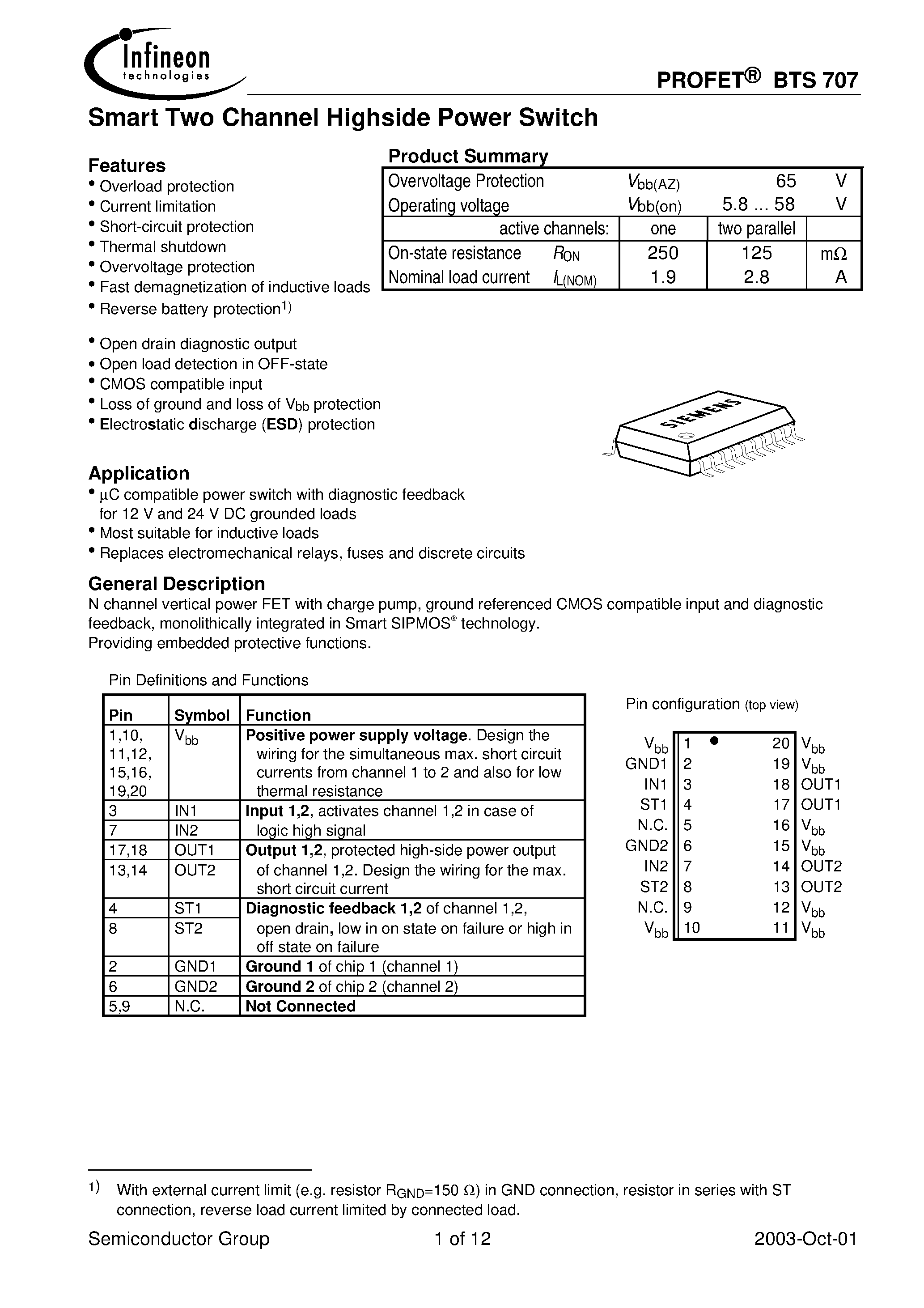 Даташит на микросхему BTS707 страница 1 Даташит BTS707 - Smart Two Channel Highside Power Switch страница 1