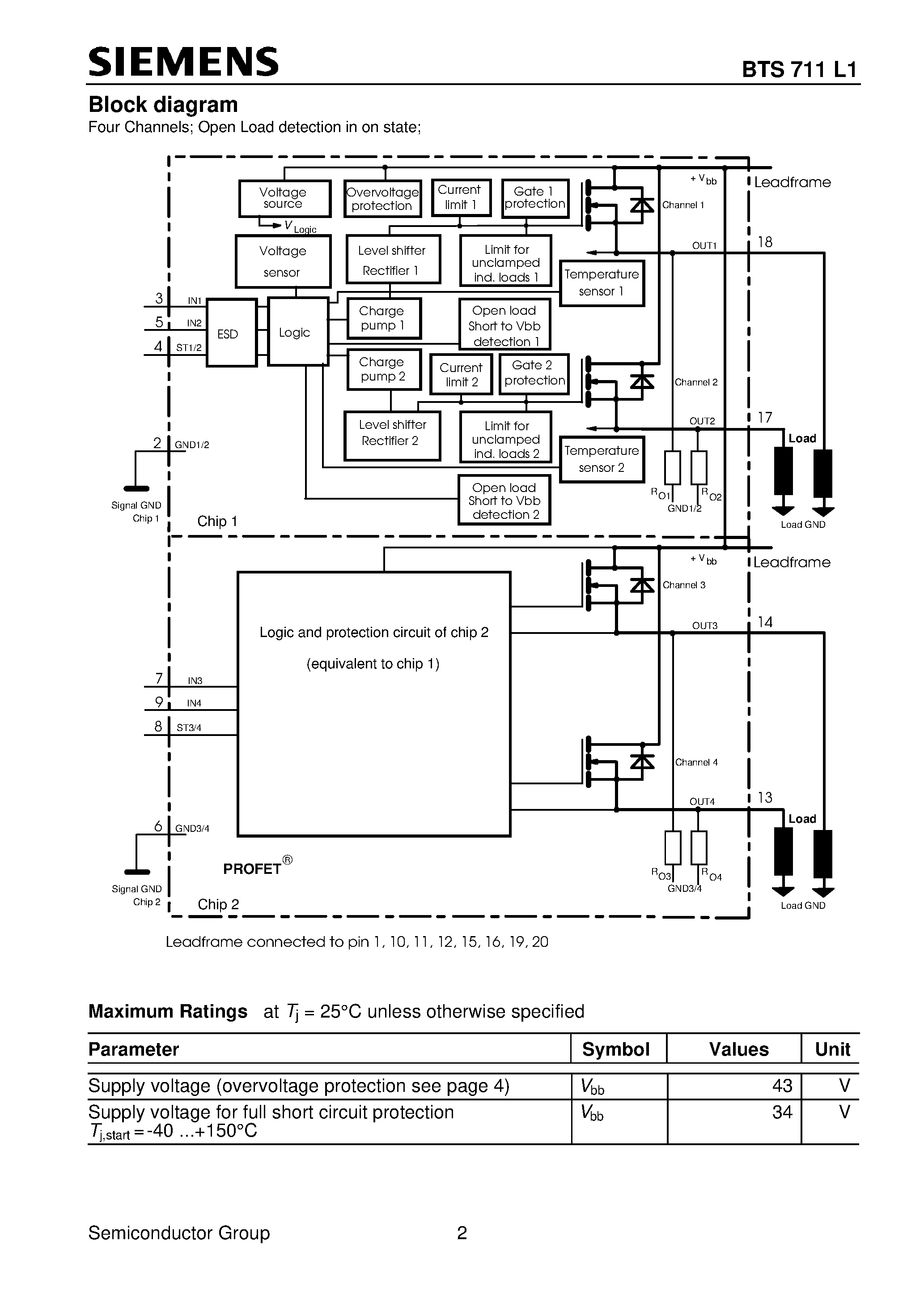 Даташит на микросхему BTS711L1 страница 2 Даташит BTS711L1 - Smart Four Channel Highside Power Switch (Overload protection Current limitation Short-circuit protection Thermal shutdown) страница 2
