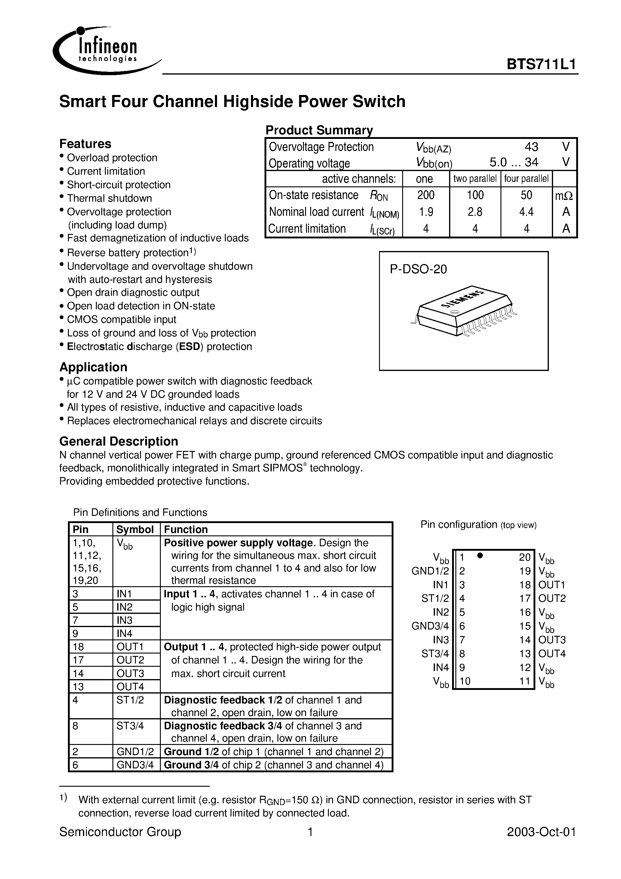 Даташит на микросхему BTS711L1 страница 1 Даташит BTS711L1 - Smart Four Channel Highside Power Switch страница 1