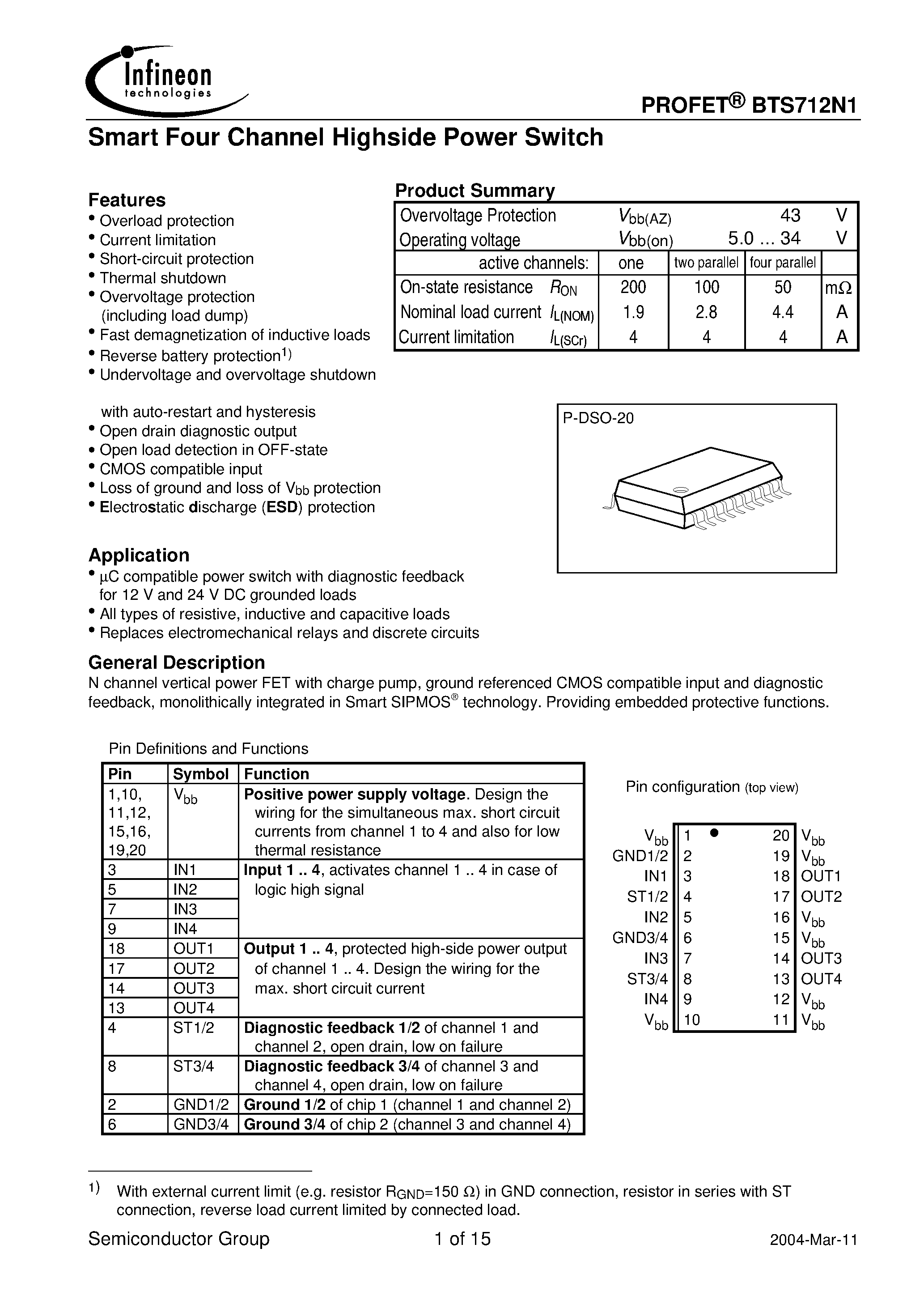 Даташит на микросхему BTS712N1 страница 1 Даташит BTS712N1 - Smart Four Channel Highside Power Switch страница 1