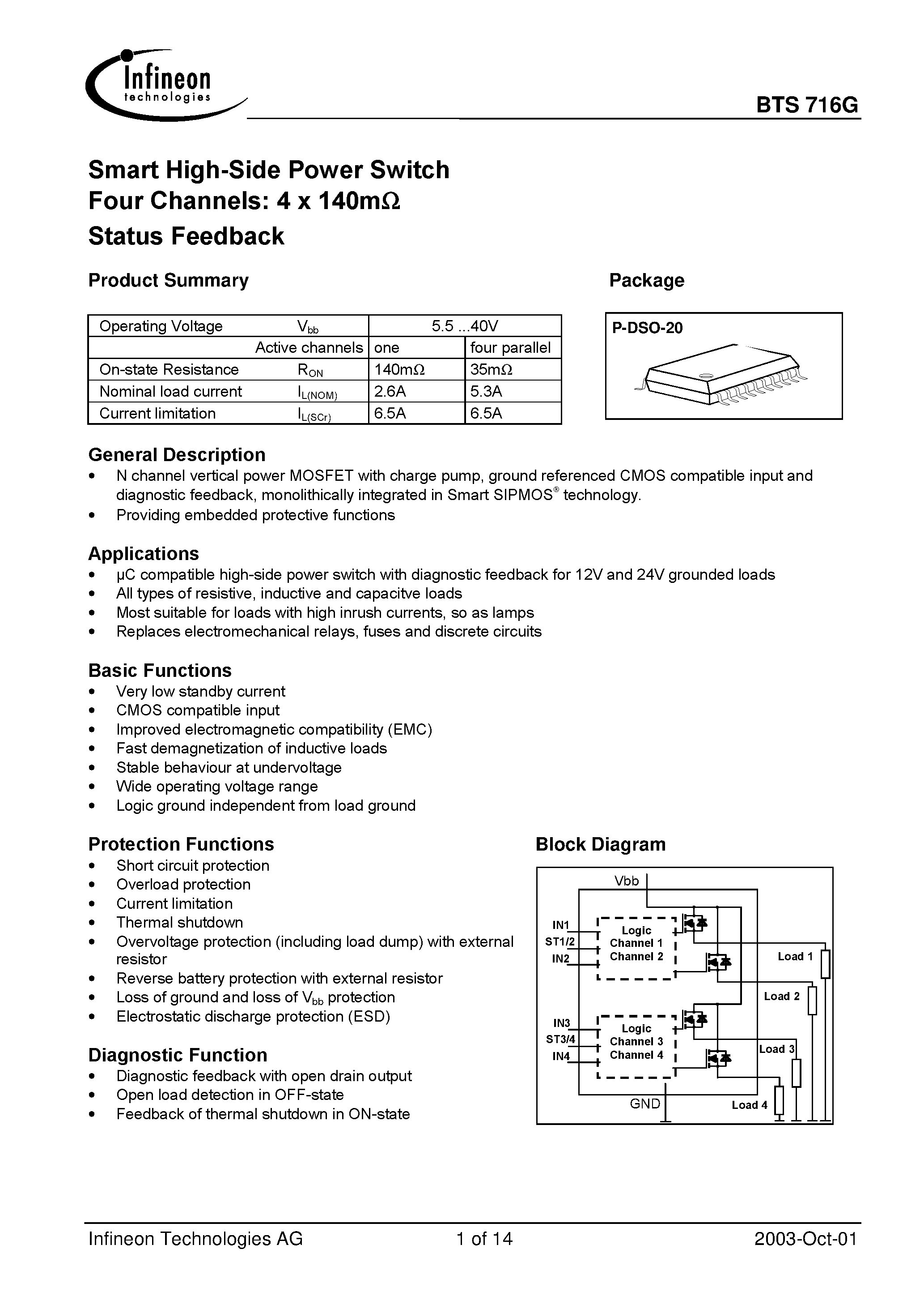 Datasheet BTS716G - Smart High-Side Power Switch Four Channels: 4 x 140m Status Feedback page 1
