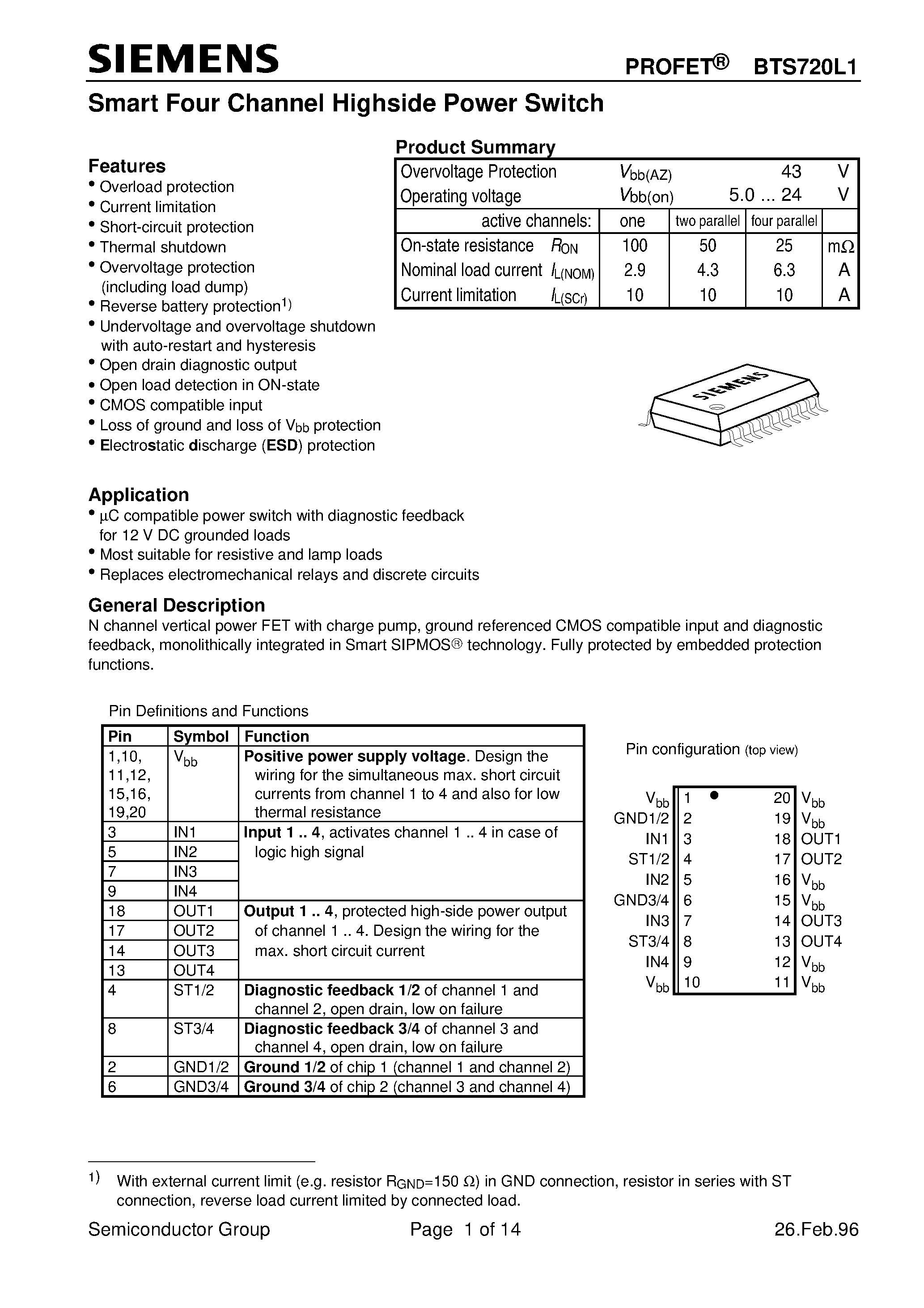 Даташит на микросхему BTS720L1 страница 1 Даташит BTS720L1 - Smart Four Channel Highside Power Switch (Overload protection Current limitation Short-circuit protection Thermal shutdown) страница 1