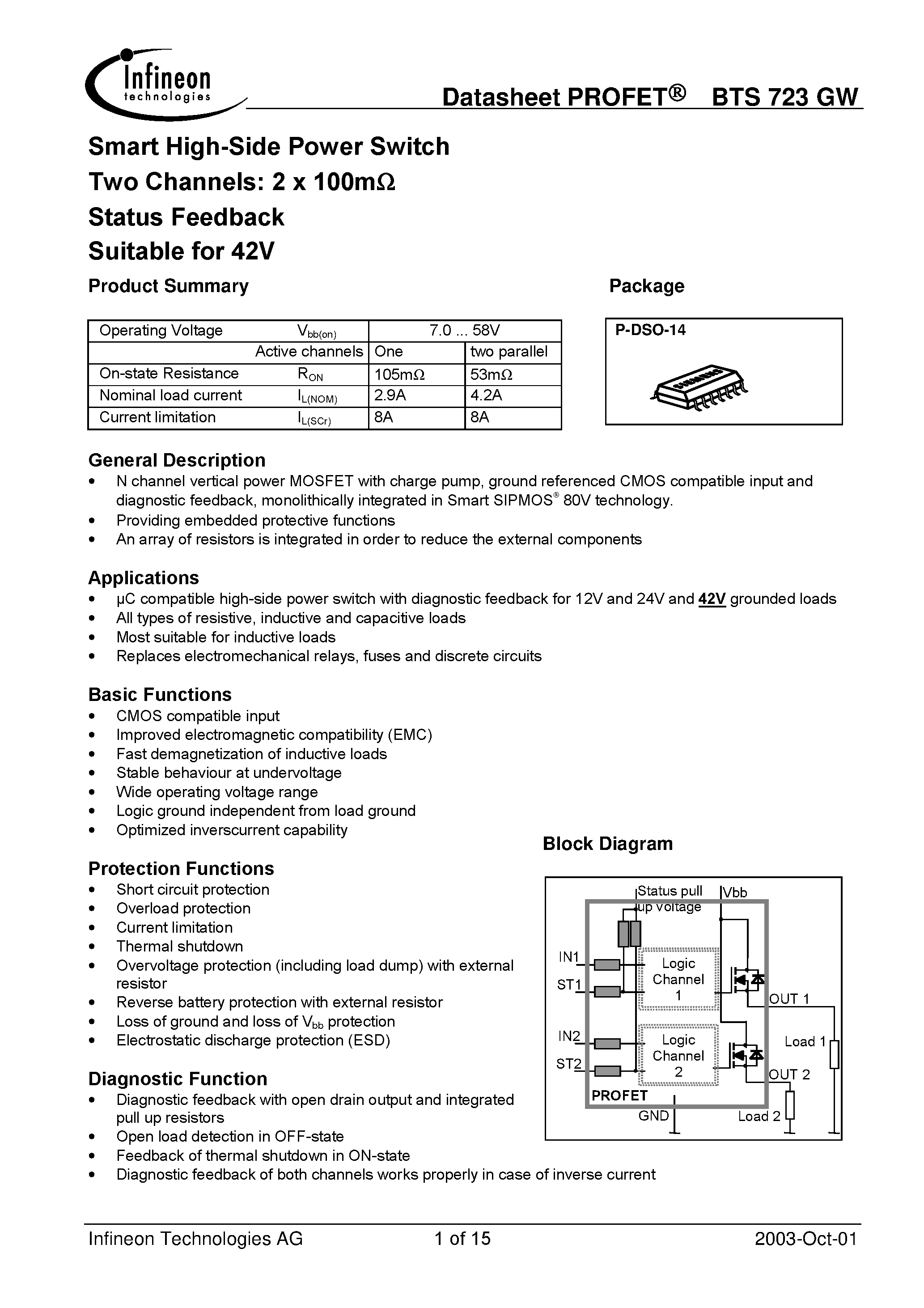 Datasheet BTS723GW - Smart High-Side Power Switch Two Channels: 2 x 100m Status Feedback Suitable for 42V page 1