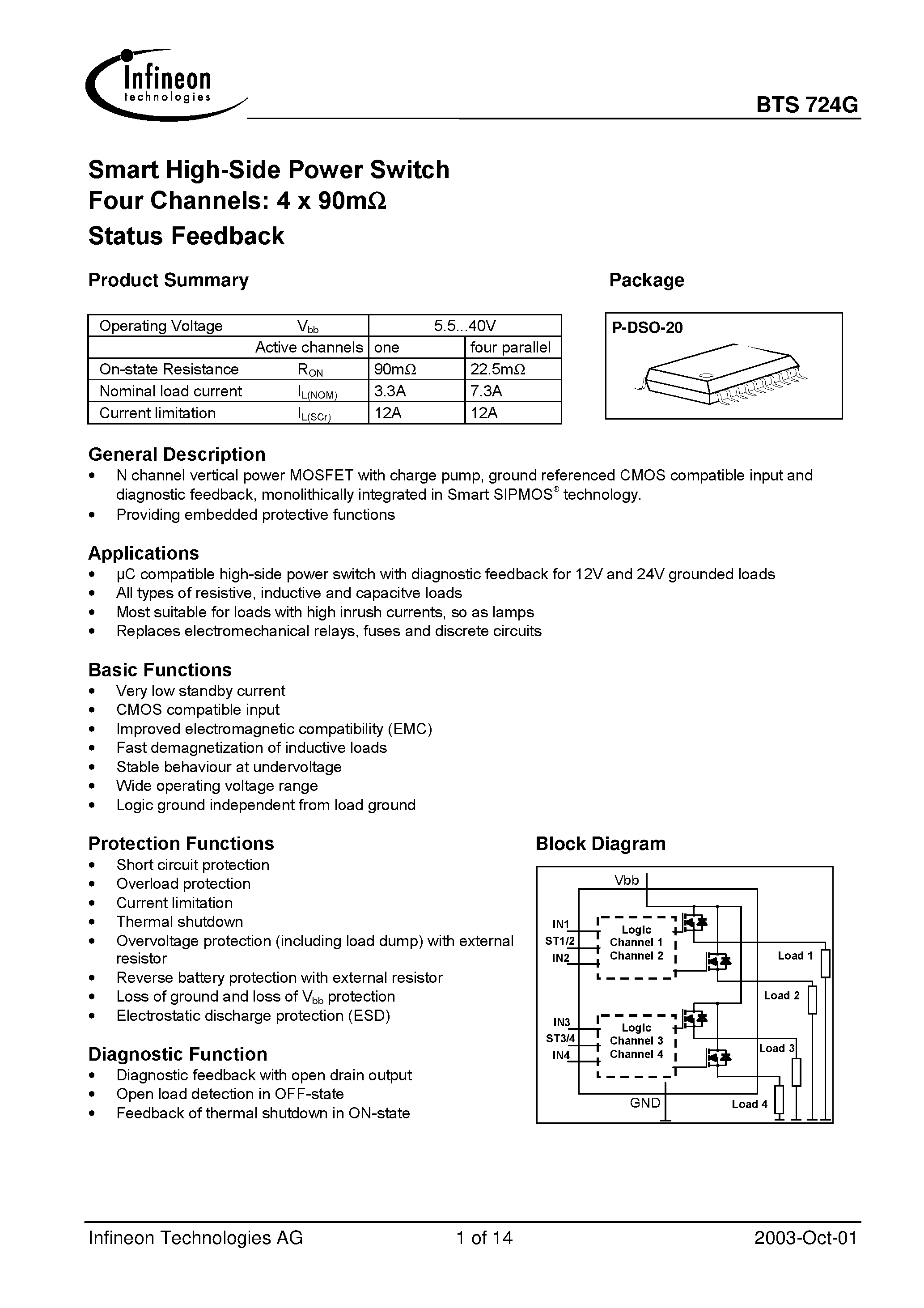 Datasheet BTS724G - Smart High-Side Power Switch Four Channels: 4 x 90m Status Feedback page 1
