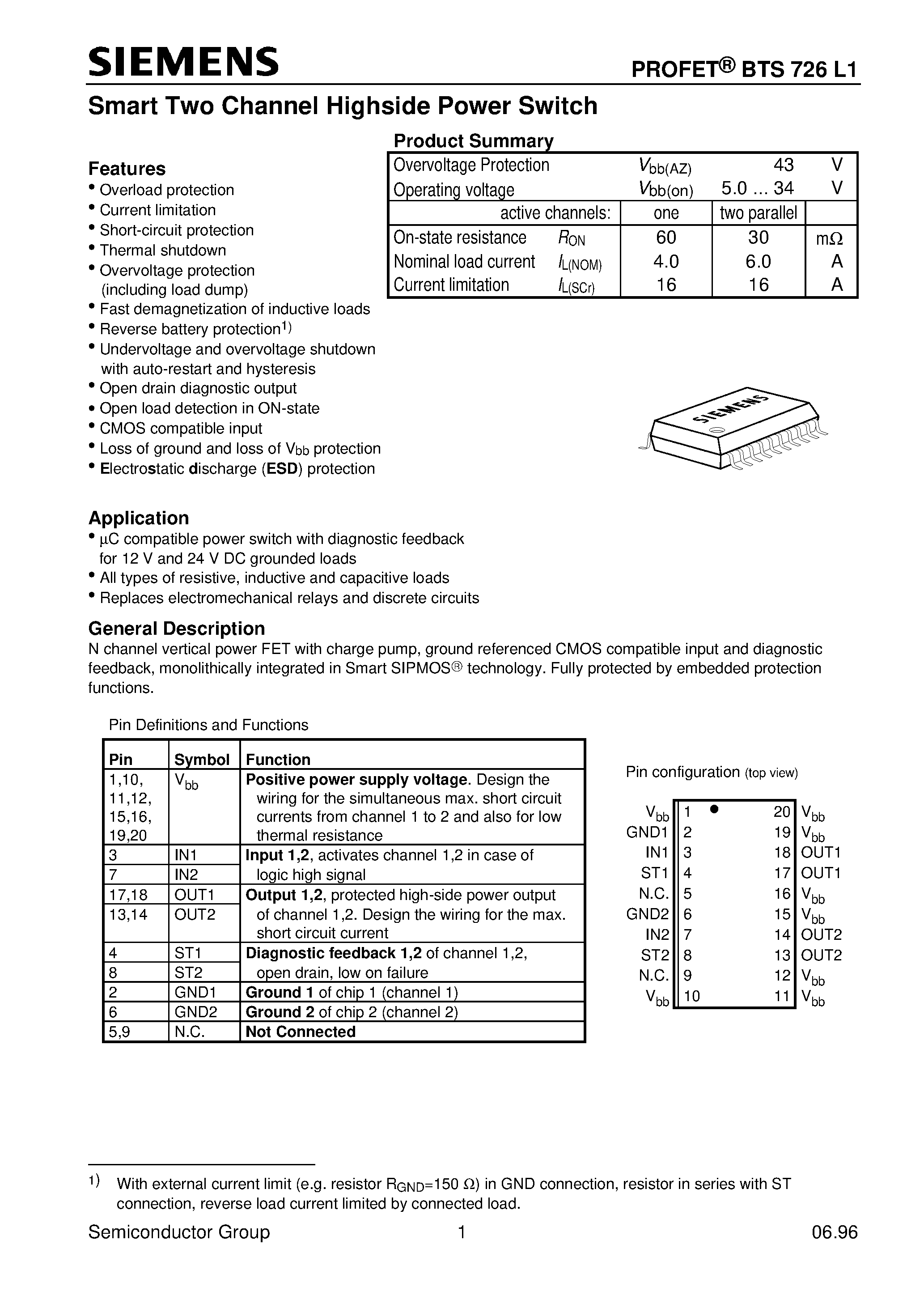 Даташит BTS726L1 - Smart Two Channel Highside Power Switch (Overload protection Current limitation Short-circuit protection Thermal shutdown) страница 1