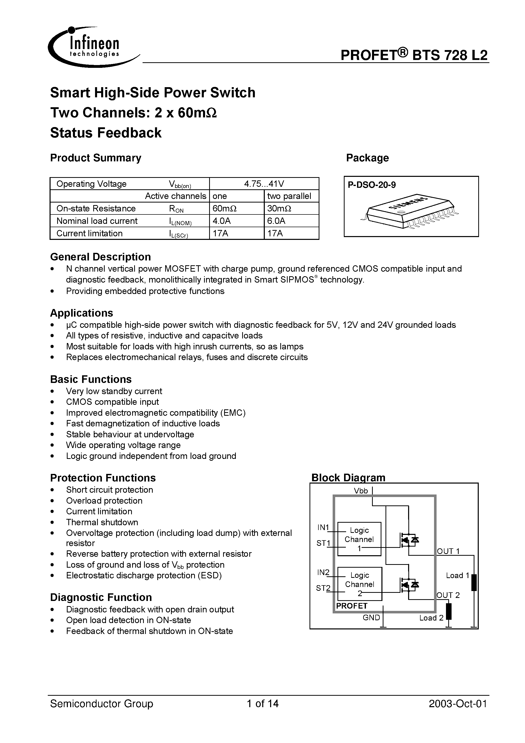 Datasheet BTS728L2 page 1 Datasheet BTS728L2 - Smart High-Side Power Switch Two Channels: 2 x 60m Status Feedback page 1