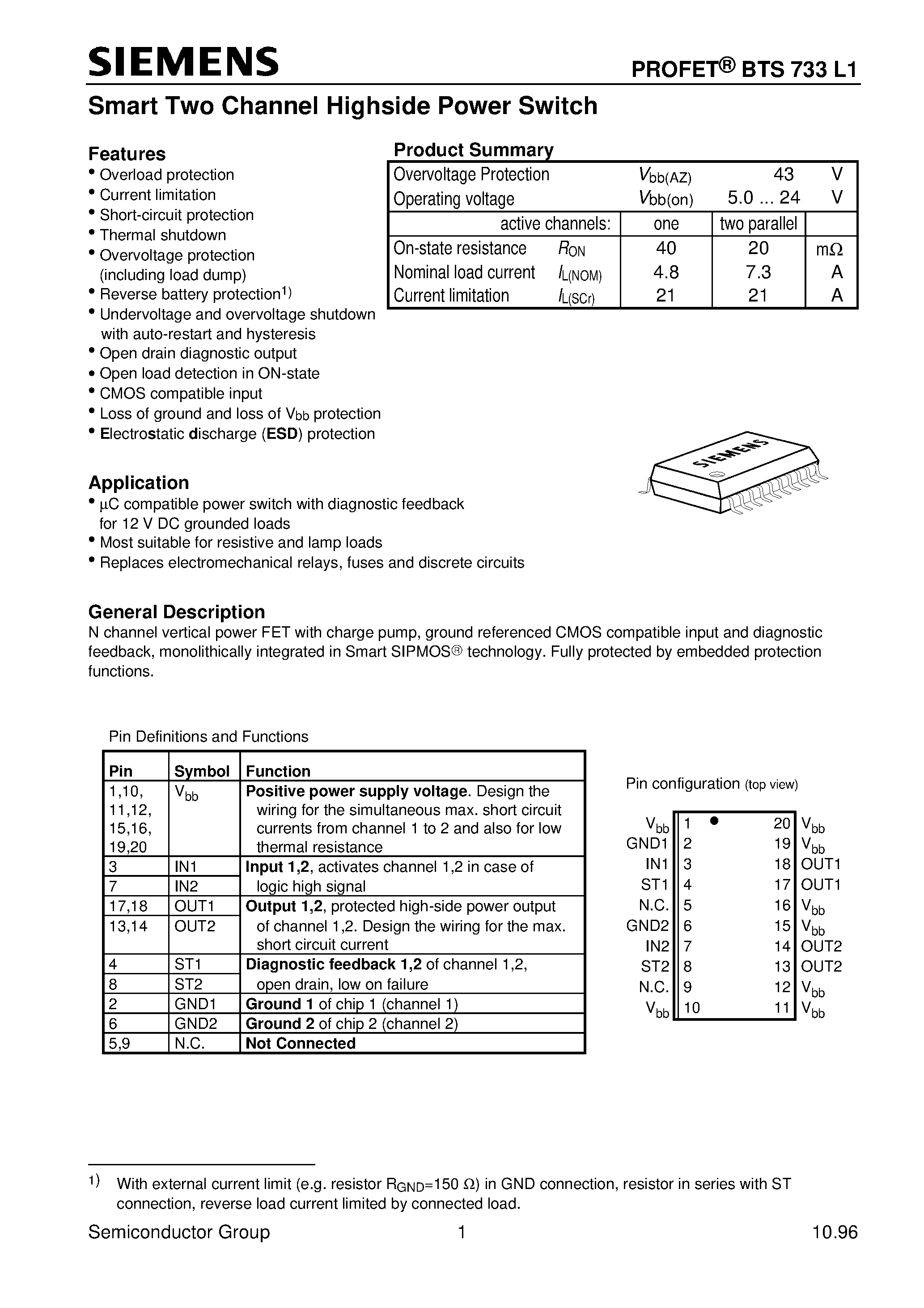 Даташит BTS733L1 - Smart Two Channel Highside Power Switch (Overload protection Current limitation Short-circuit protection Thermal shutdown) страница 1