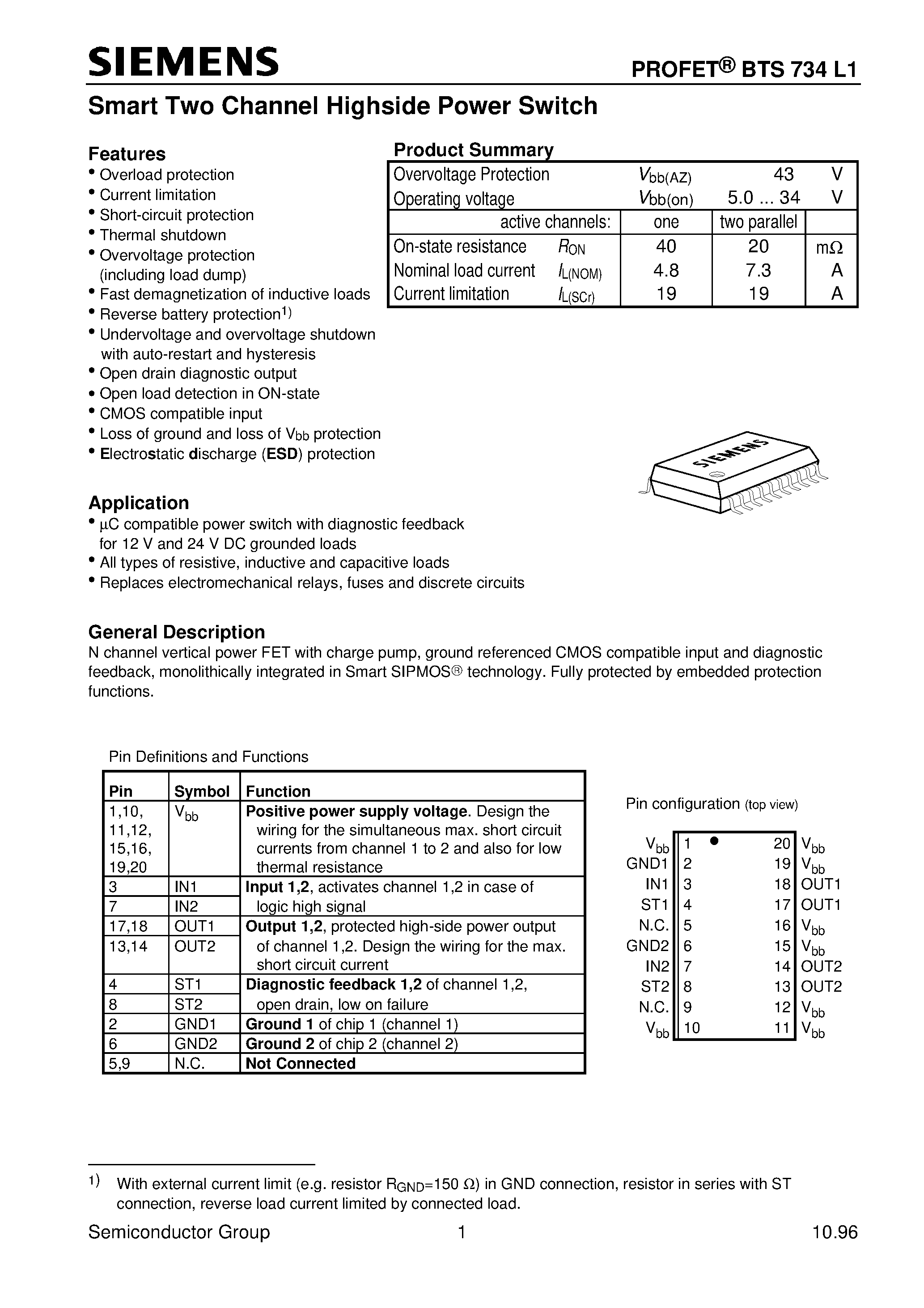 Даташит на микросхему BTS734L1 страница 1 Даташит BTS734L1 - Smart Two Channel Highside Power Switch (Overload protection Current limitation Short-circuit protection Thermal shutdown) страница 1
