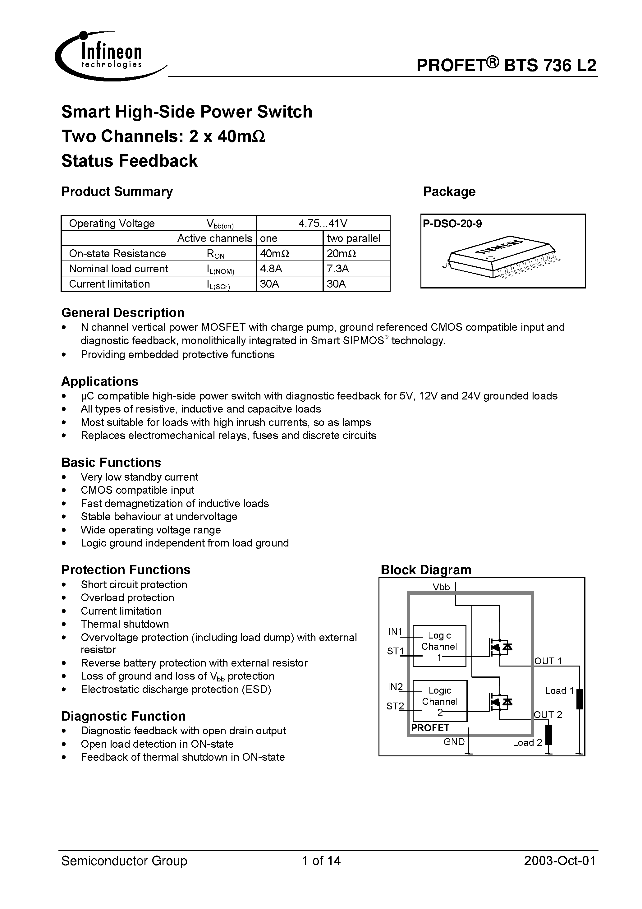 Datasheet BTS736L2 - Smart High-Side Power Switch Two Channels: 2 x 40m Status Feedback page 1