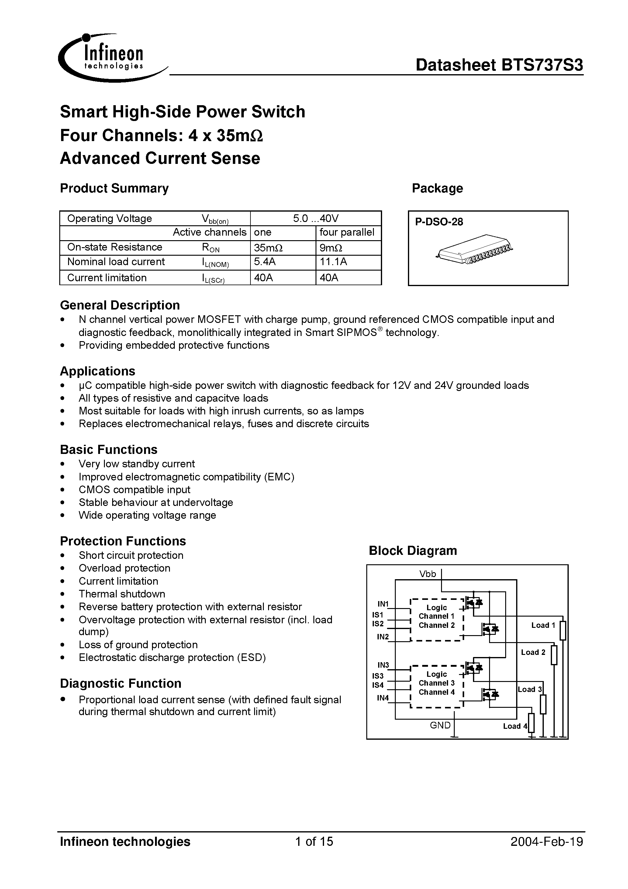 Datasheet BTS737S3 - Smart High-Side Power Switch Four Channels: 4 x 35m Advanced Current Sense page 1