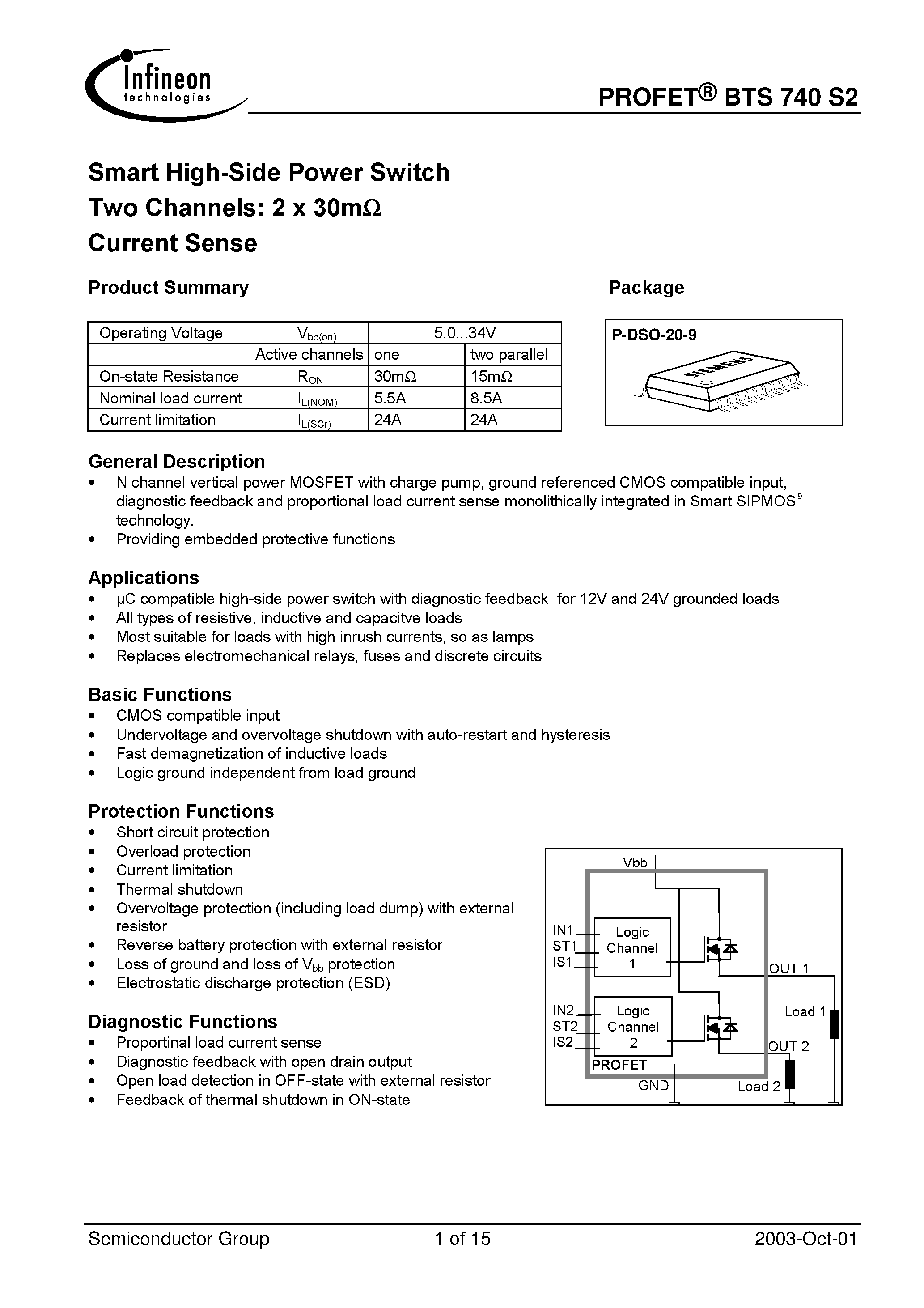 Даташит на микросхему BTS740S2 страница 1 Даташит BTS740S2 - Smart High-Side Power Switch Two Channels: 2 x 30m Current Sense страница 1