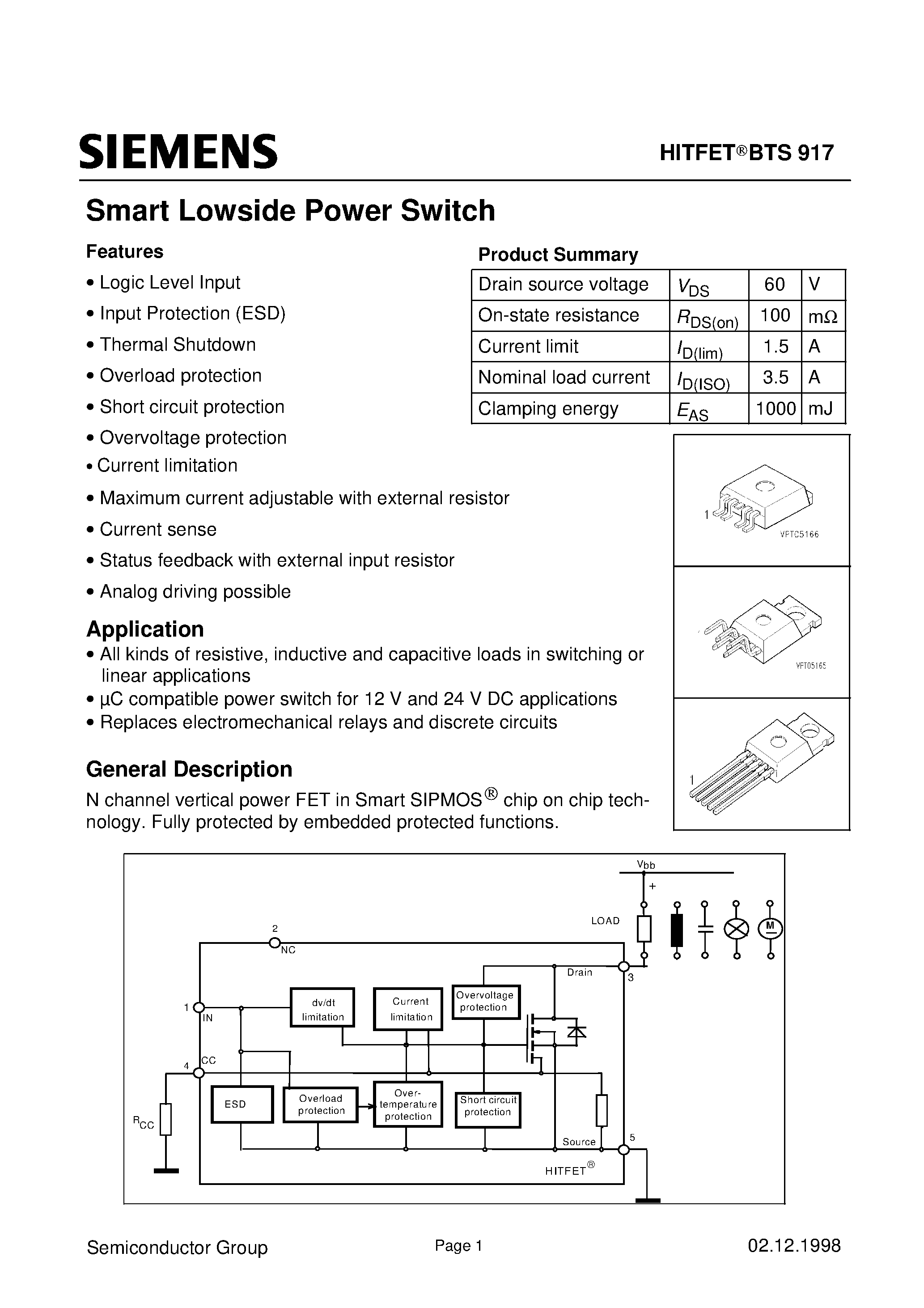 Даташит на микросхему BTS917 страница 1 Даташит BTS917 - Smart Lowside Power Switch страница 1