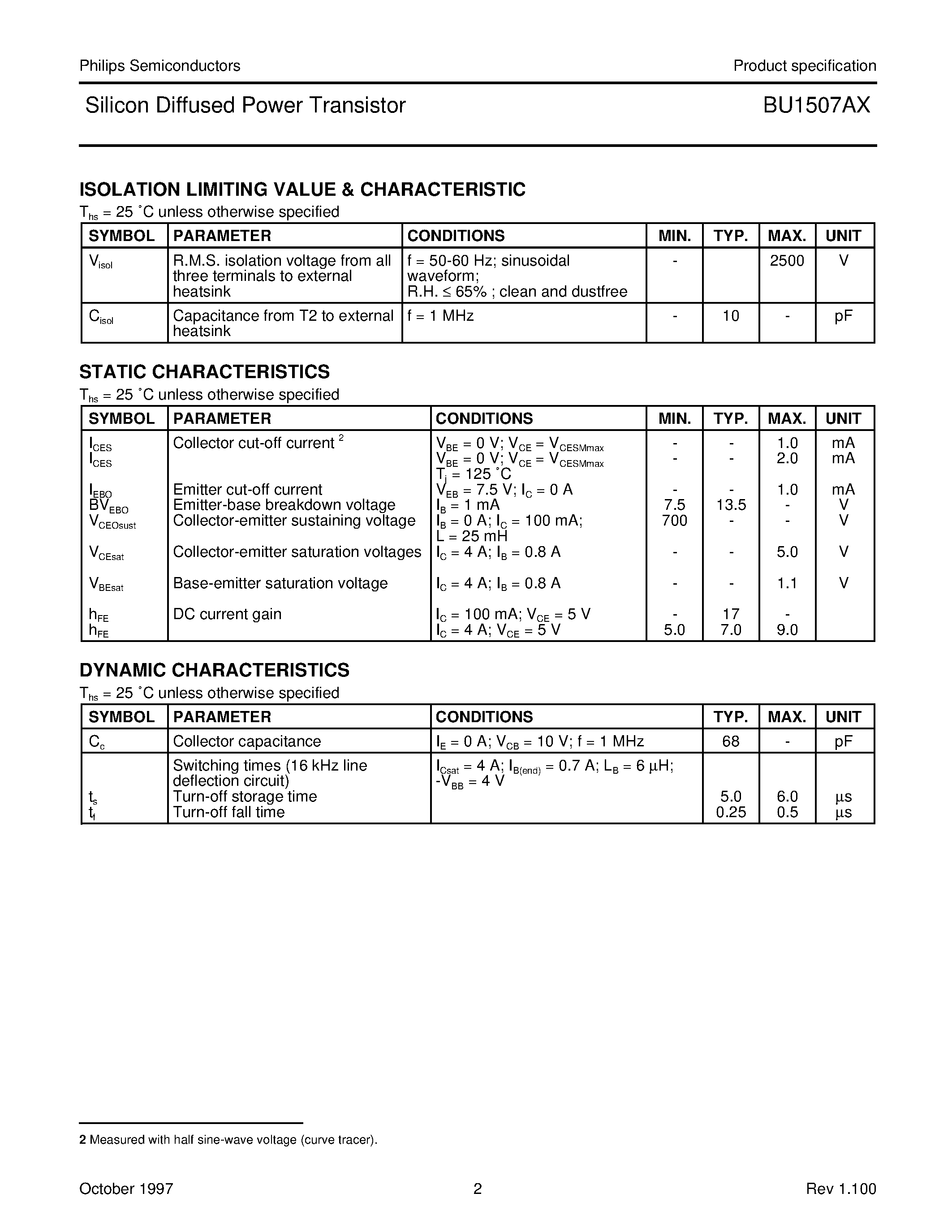 Даташит BU1507 - Silicon Diffused Power Transistor страница 2