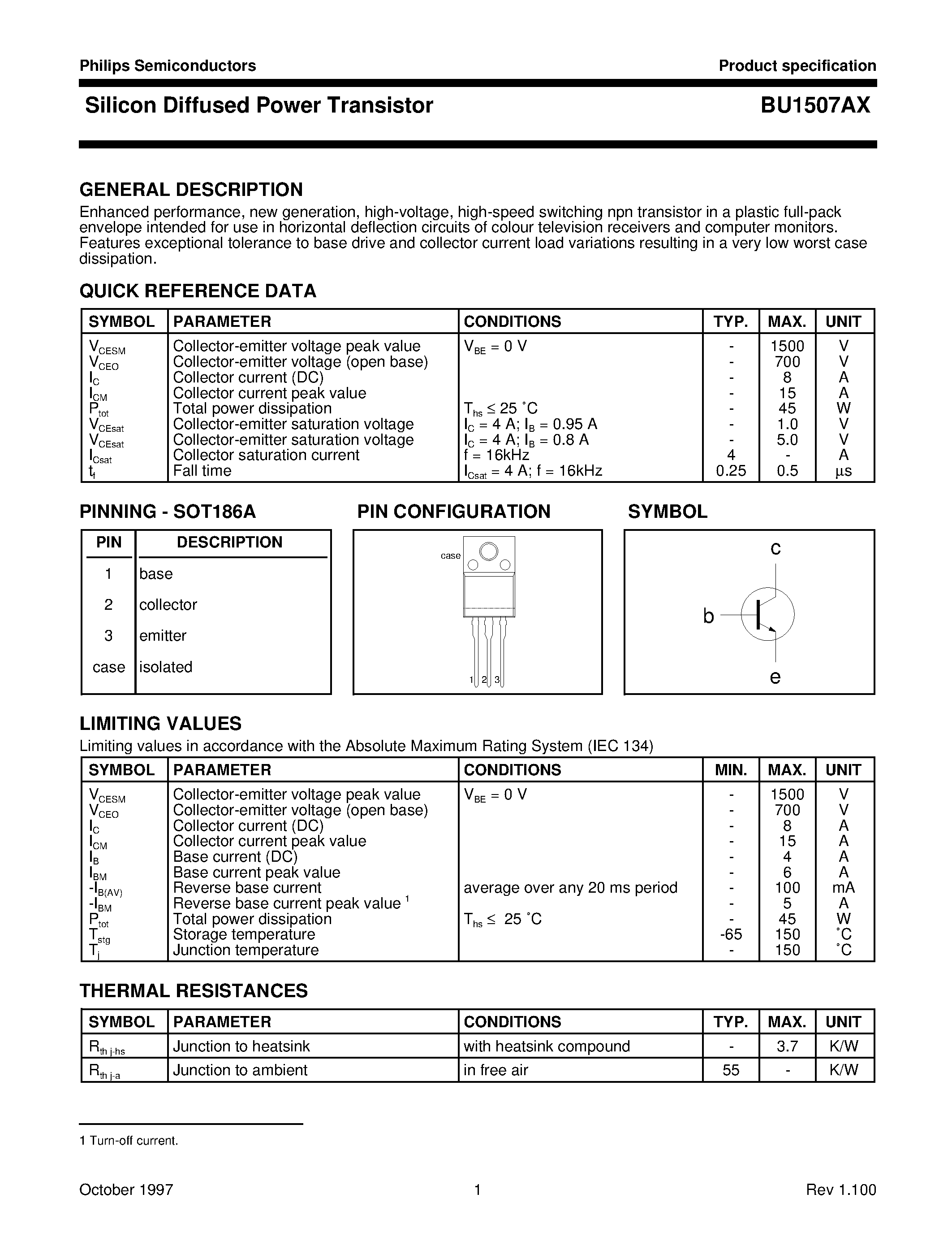 Datasheet BU1507AX - Silicon Diffused Power Transistor page 1