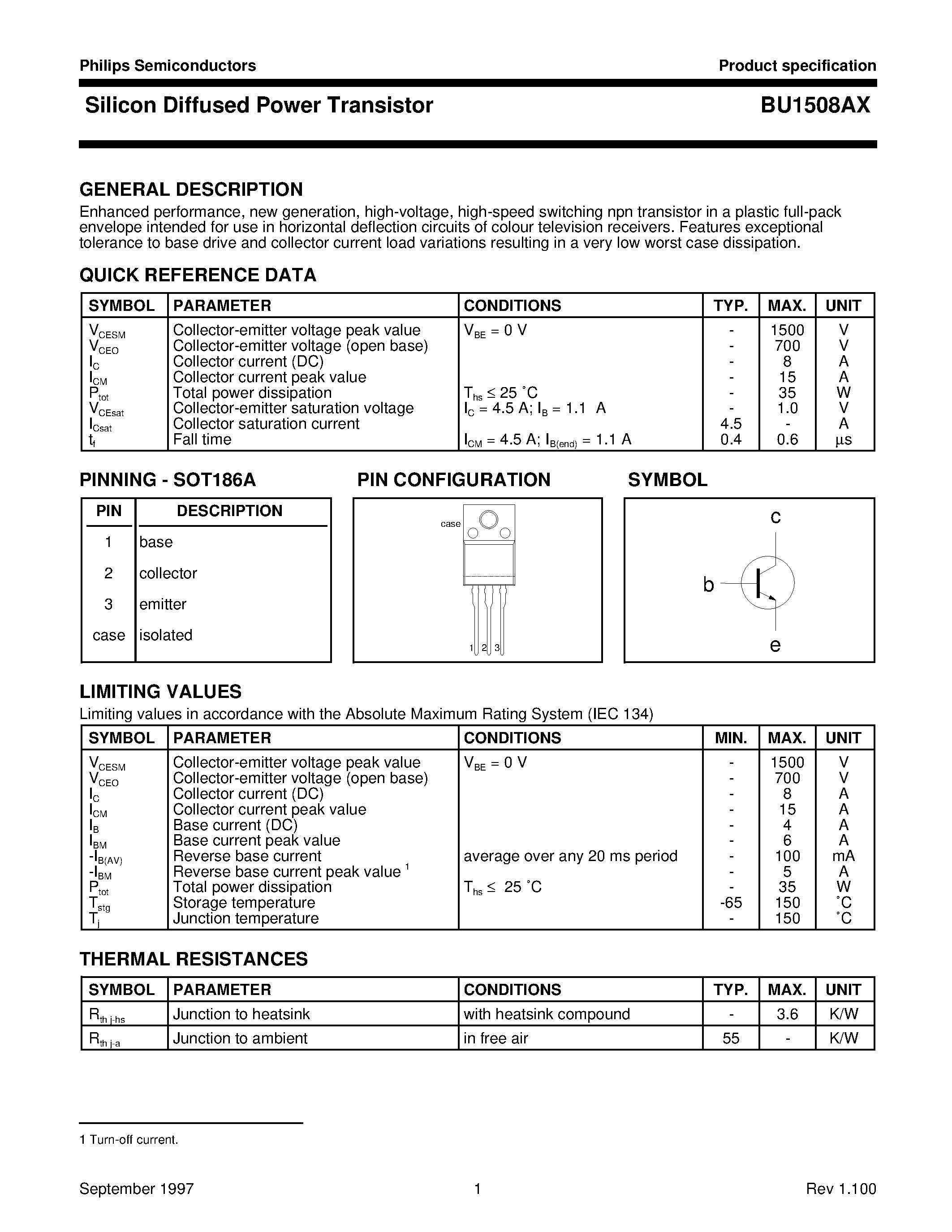 Datasheet BU1508AX - Silicon Diffused Power Transistor page 1