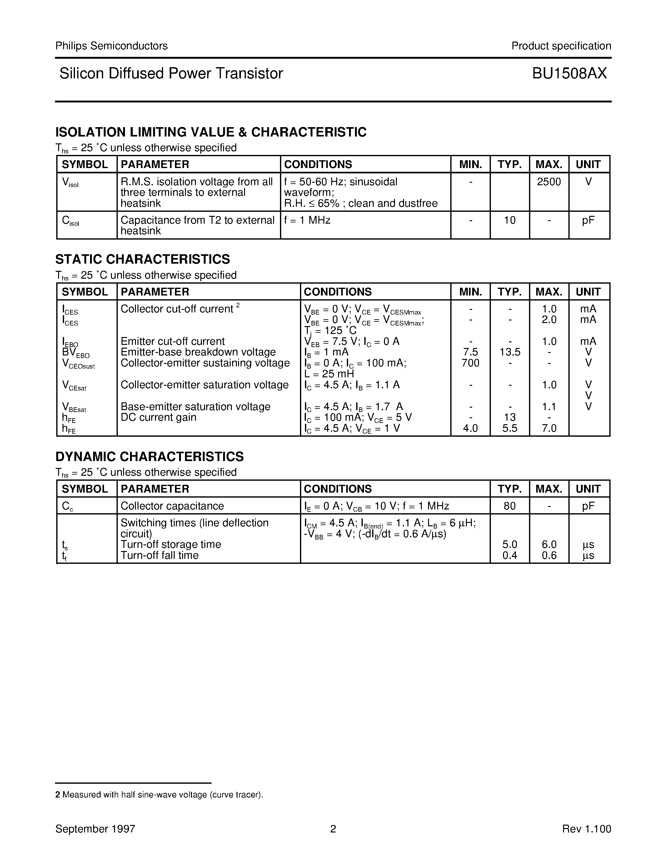 Datasheet BU1508AX - Silicon Diffused Power Transistor page 2