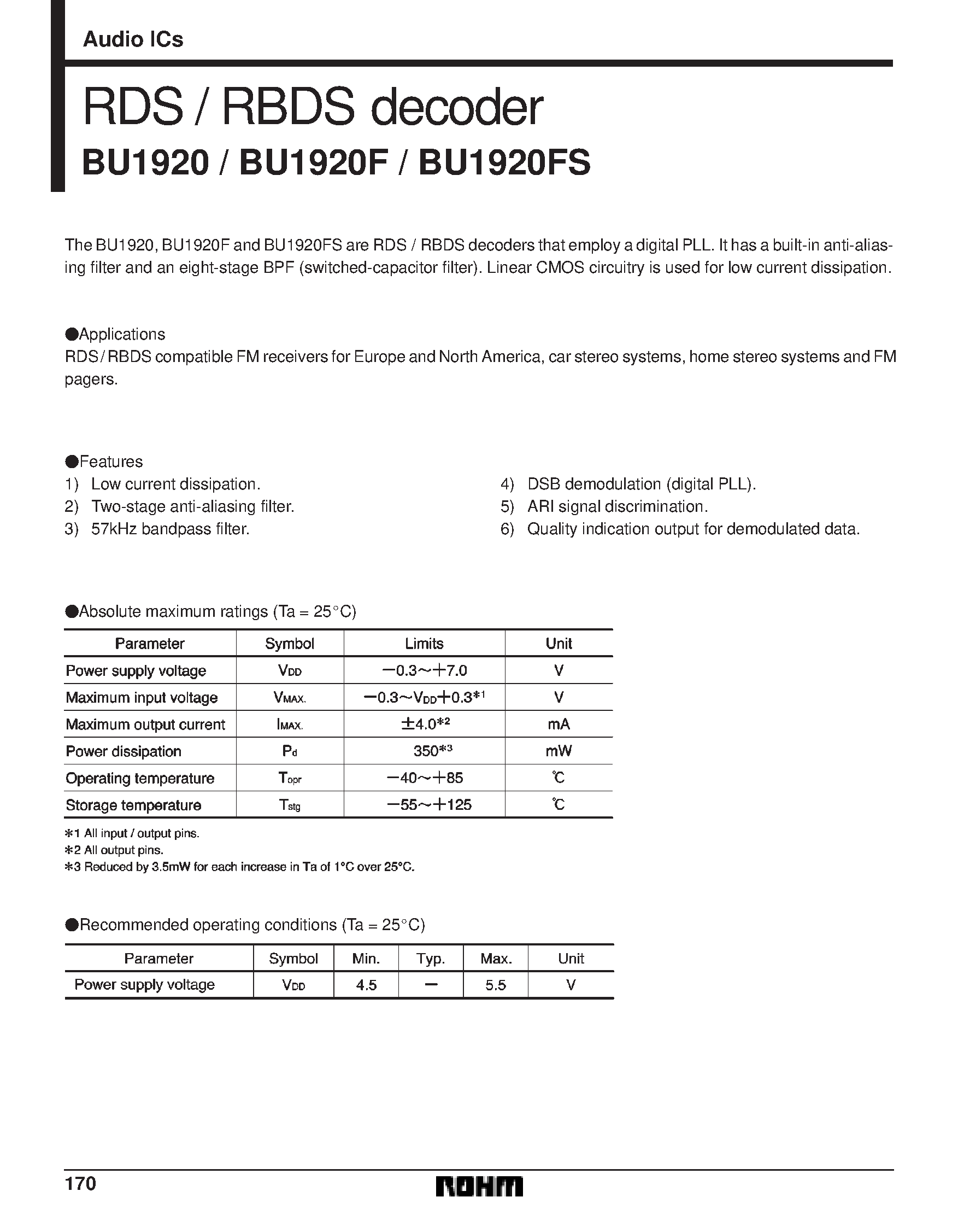 Даташит BU1920FS-RDS / RBDS decoder страница 1