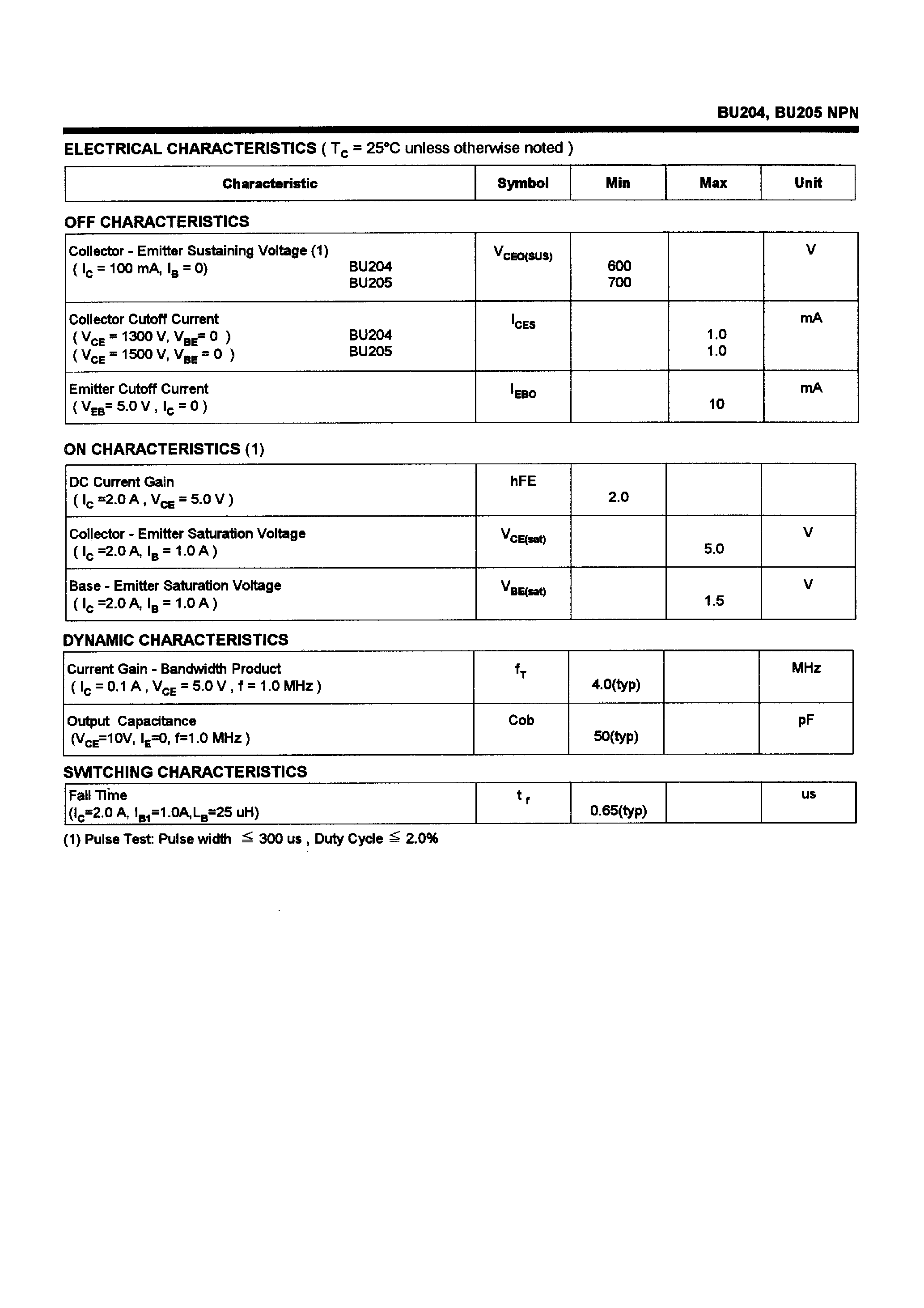 Даташит BU204 - POWER TRANSISTORS(2.5A/1300-1500V/36W) страница 2